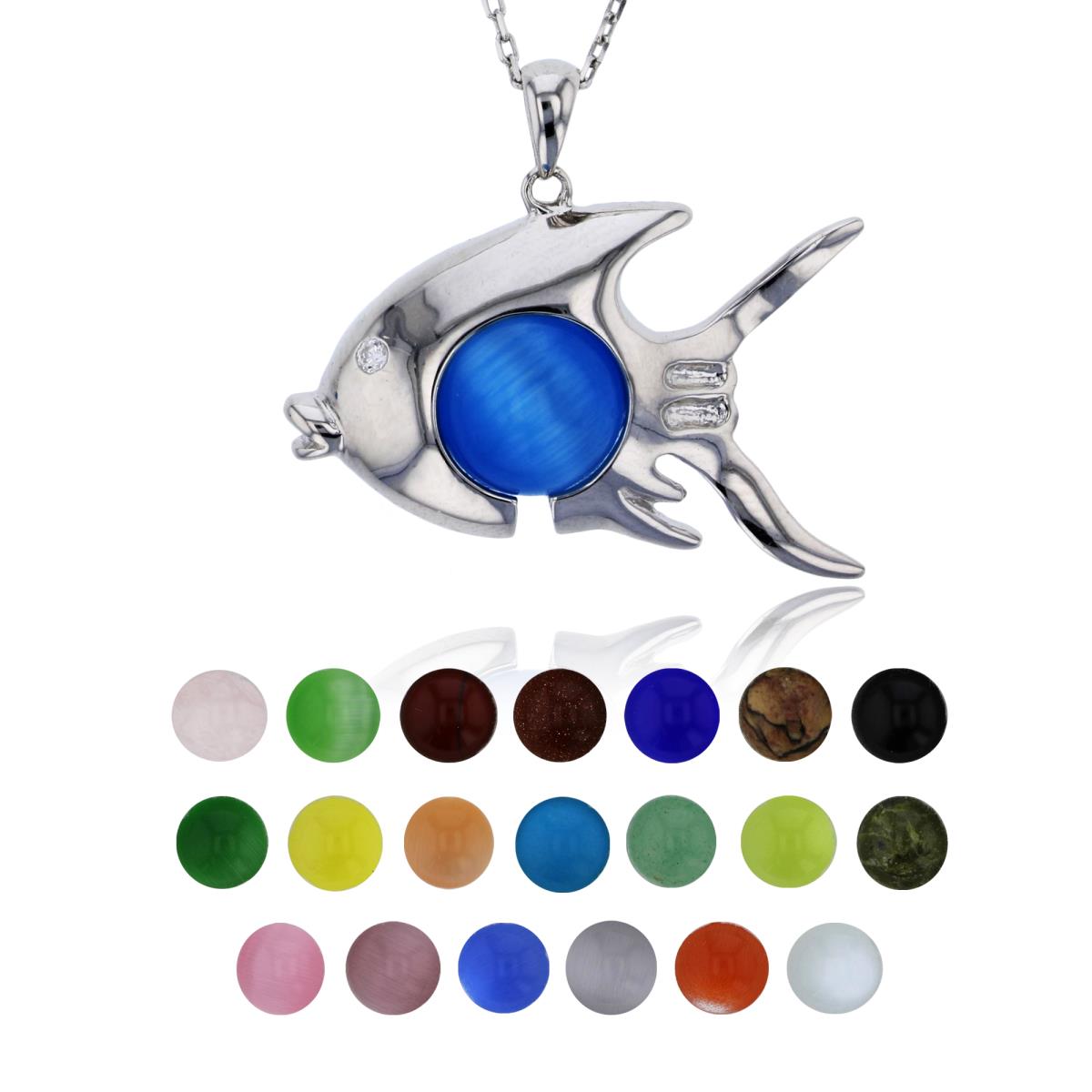 Sterling Silver Rhodium 21 Color Interchangeable Semi-Precious Gem Fish 13"+2" Necklace