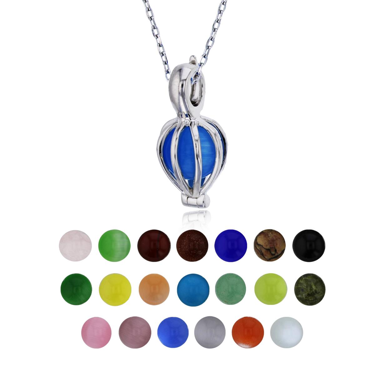 Sterling Silver Rhodium 21 Color Interchangeable Semi-Precious Gem Heart Shaped Cage 13"+2" Necklace