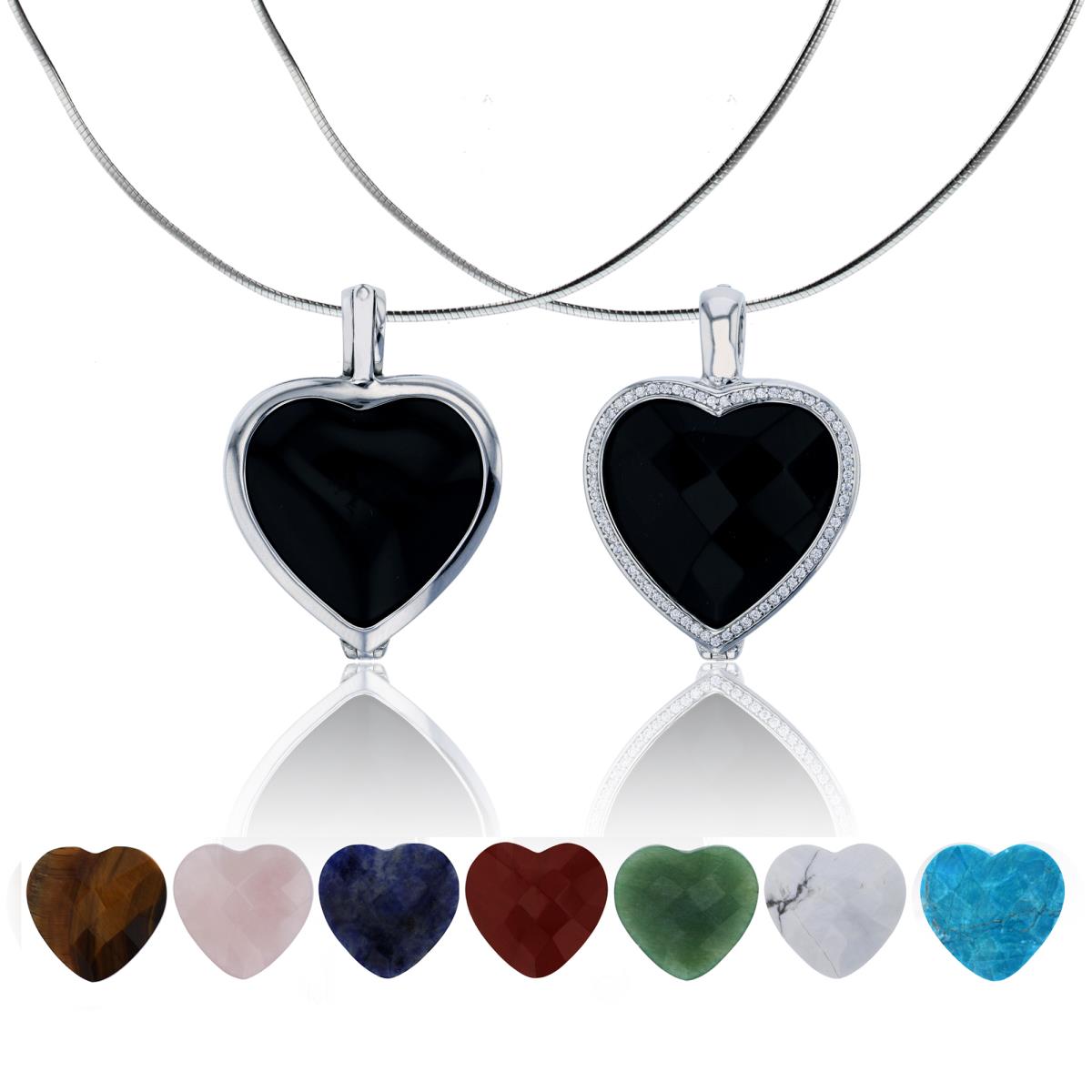 Sterling Silver Interchangeable 8 Semi-Precious Heart Gems(Polished and Faceted) with a Reversible CZ and Polished Pendant. 16"+2" Omega Chain Included