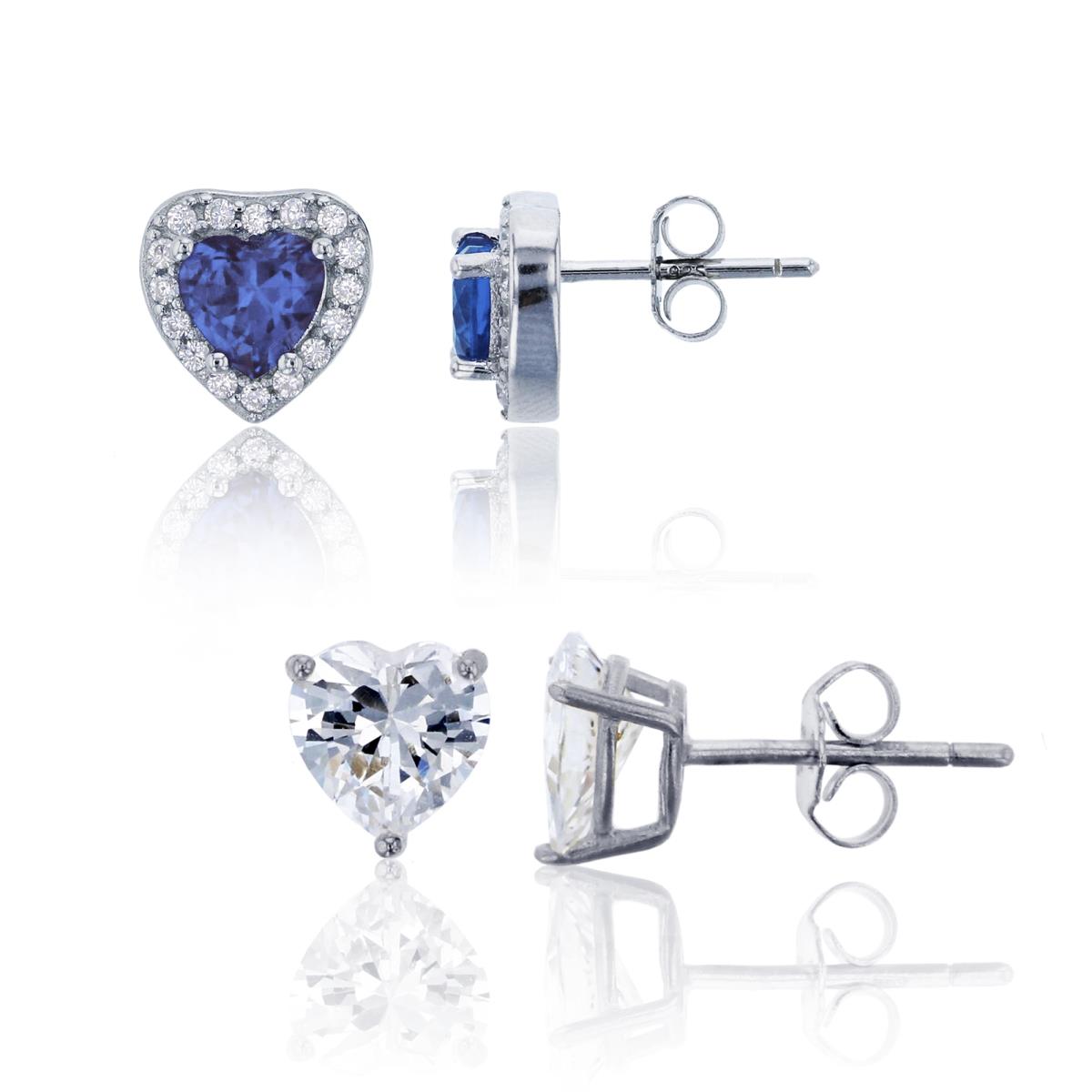 Sterling Silver Rhodium 6mm Tanzanite Heart Cut & AAA Heart Solitaire Stud Earrings Set