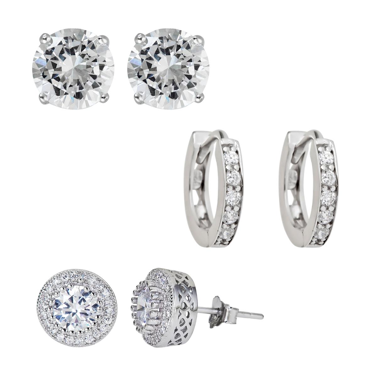 Sterling Silver Rhodium 5mm Rd Pave Halo, 8mm AAA Rd Solitaire Studs & Prong Set Huggies Earring Set