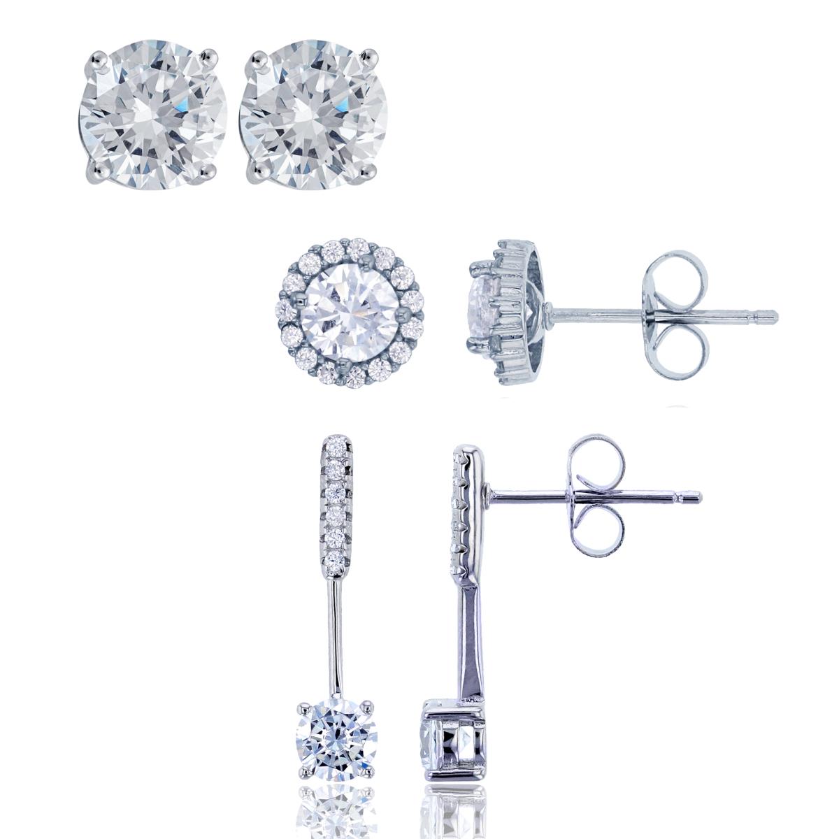 Sterling Silver Rhodium 5mm Rd CZ Halo, 6mm AAA Rd Solitaire & 4.5mm Rd Cut Straight Drop Stud Earrings Set