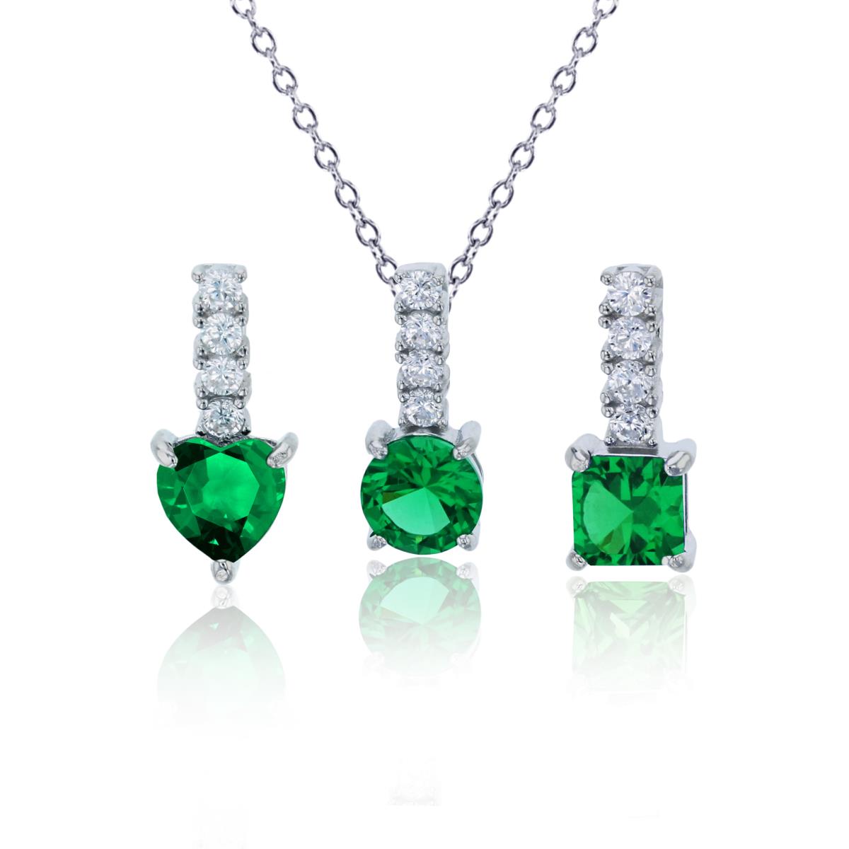 Sterling Silver Rhodium Green 6mm Rd, Heart & 5mm Princess Cut Drop Pendants Set with 18" Rollo Chain