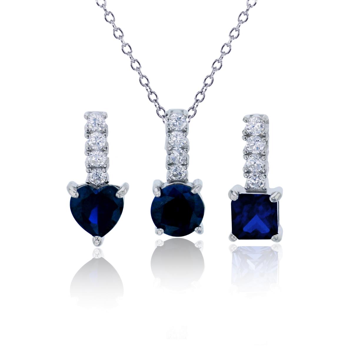 Sterling Silver Rhodium Blue 6mm Rd, Heart & 5mm Princess Cut Drop Pendants Set with 18" Rollo Chain