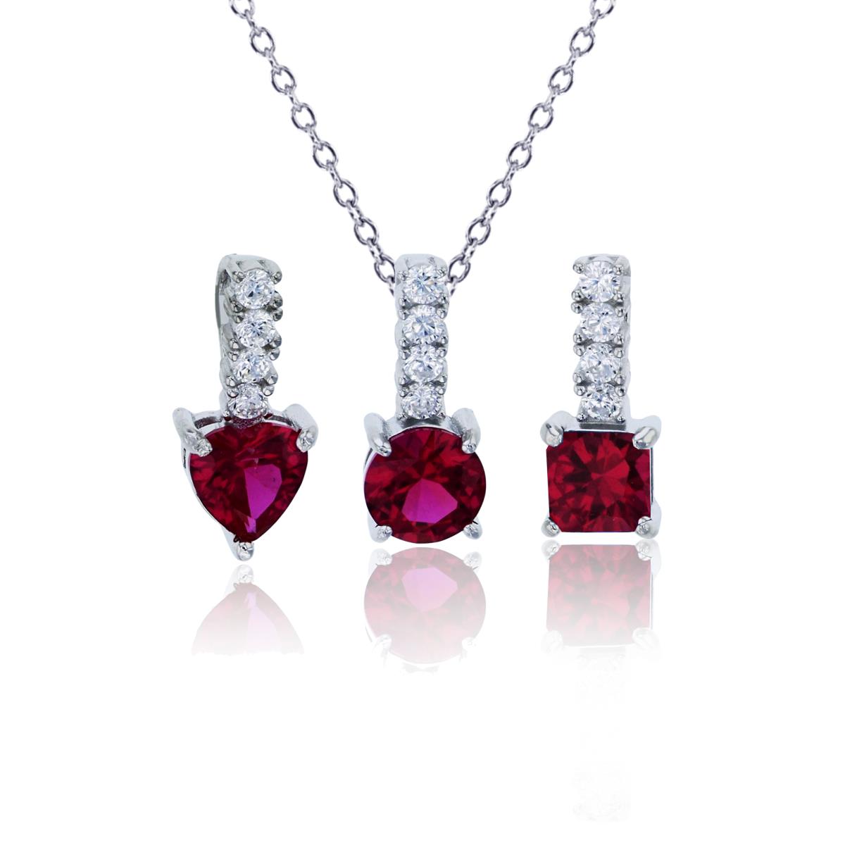 Sterling Silver Rhodium Red Ruby 6mm Rd, Heart & 5mm Princess Cut Drop Pendants Set with 18" Rollo Chain