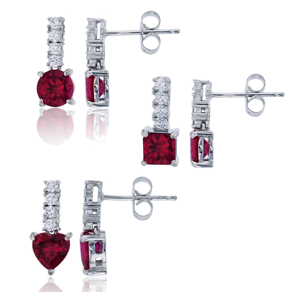 Sterling Silver Rhodium Red Ruby 6mm Heart, Round & 5mm Princess Cut Drop Earring Set