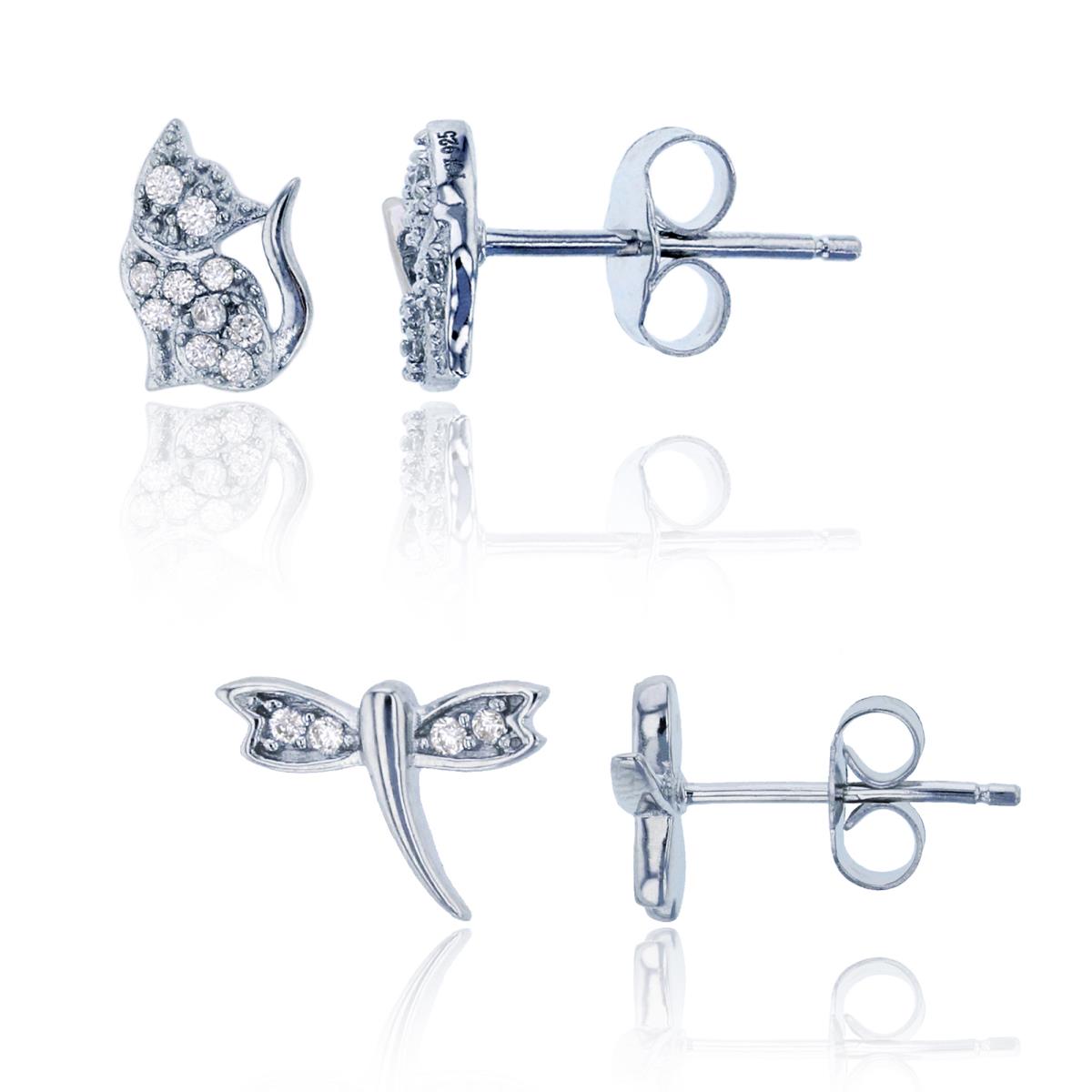 Sterling Silver Rhodium Pave Round CZ Dragonfly & Cat Stud Earring Set