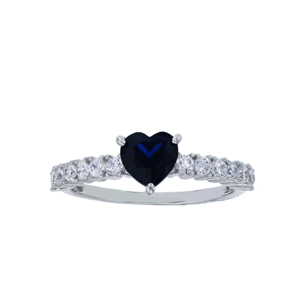 Sterling Silver Rhodium Centered 6mm Blue Heart & White Pave Eng Ring