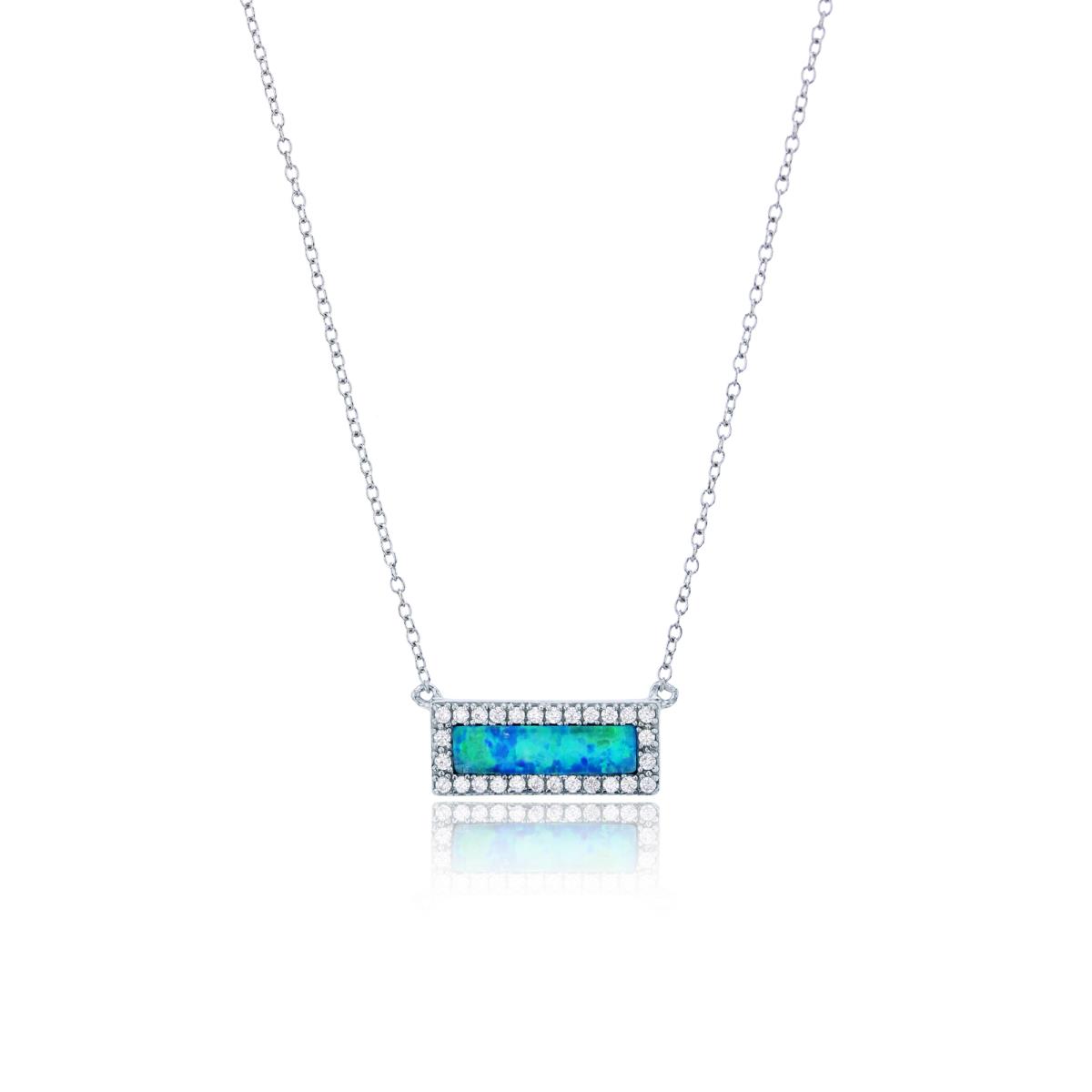 Sterling Silver Rhodium Created Blue Opal & White CZ Rectangular Bar 18" Necklace
