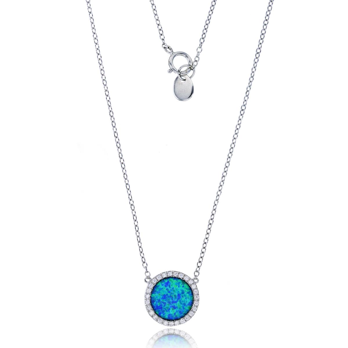 Sterling Silver Rhodium Created Opal & White CZ Circle Halo 18" Necklace