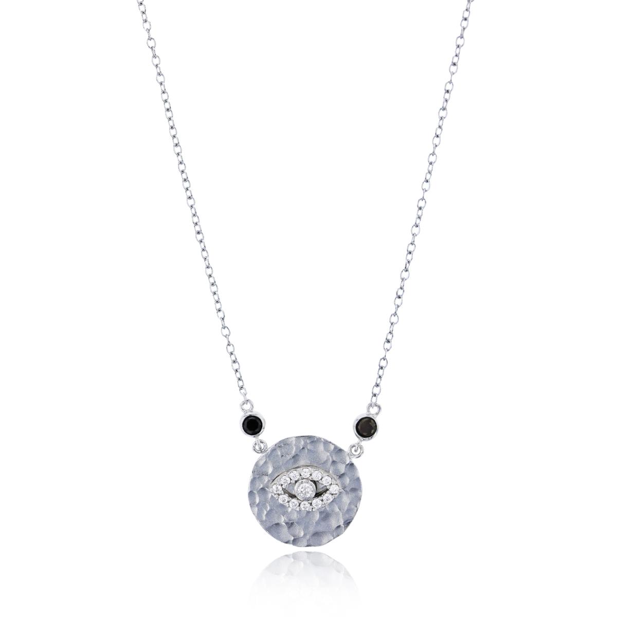 Sterling Silver Rhodium Hammered Round Plate Pave Evil Eye Black&White CZ 18" Necklace