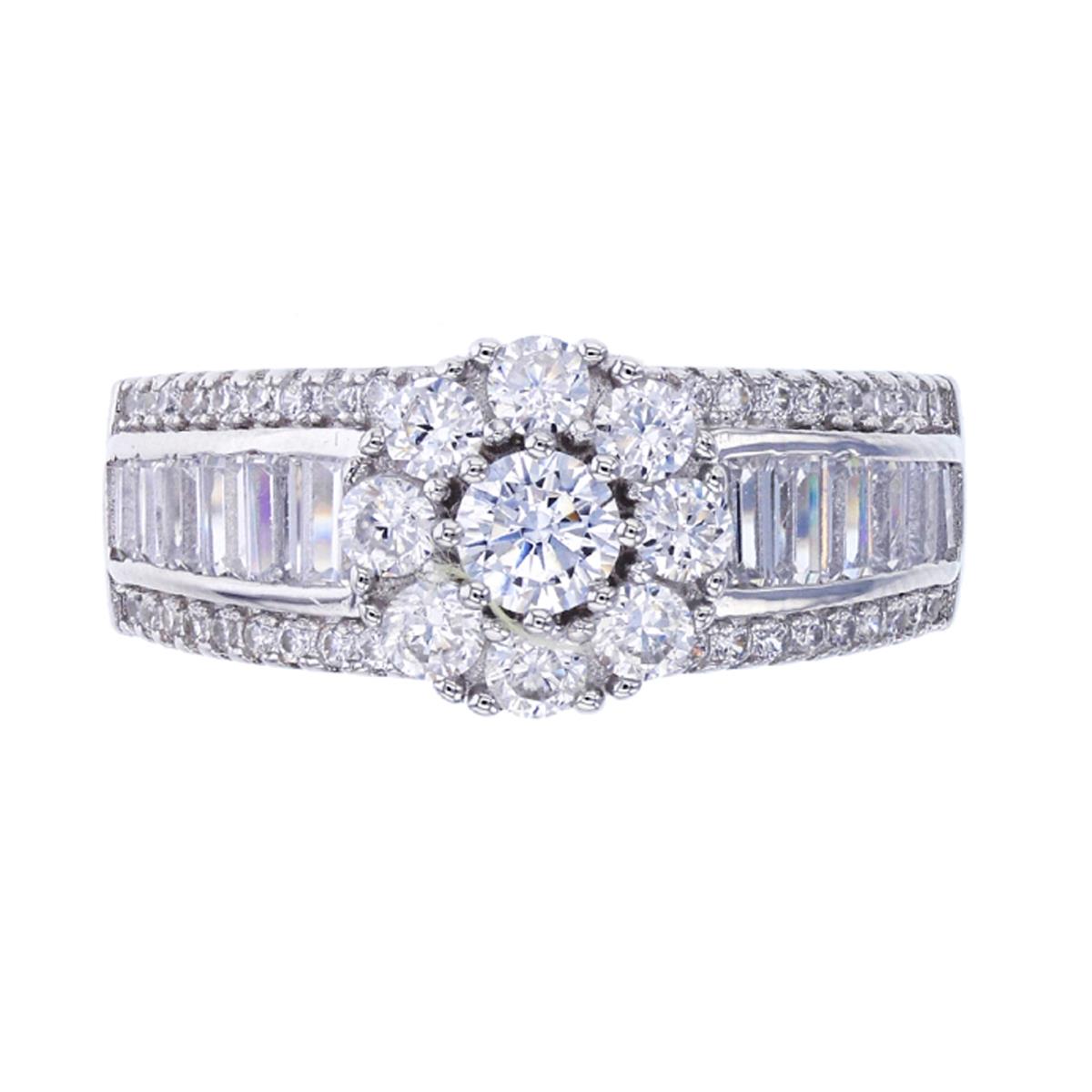 Sterling Silver Rhodium 6mm Micropave Round& Baguette CZ Cluster  Ring