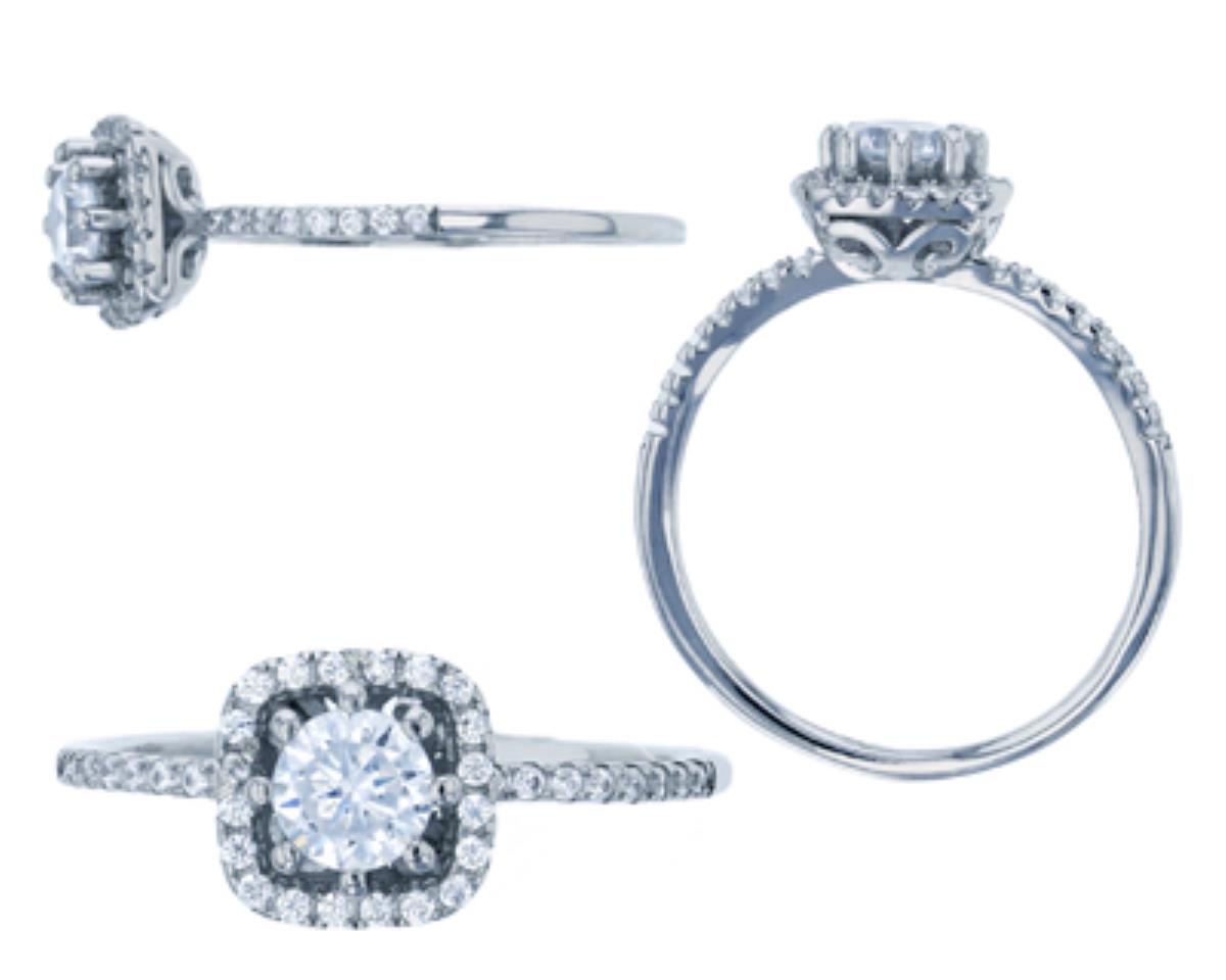 Sterling Silver Rhodium 5mm Round CZ Sq Halo Engagement Ring