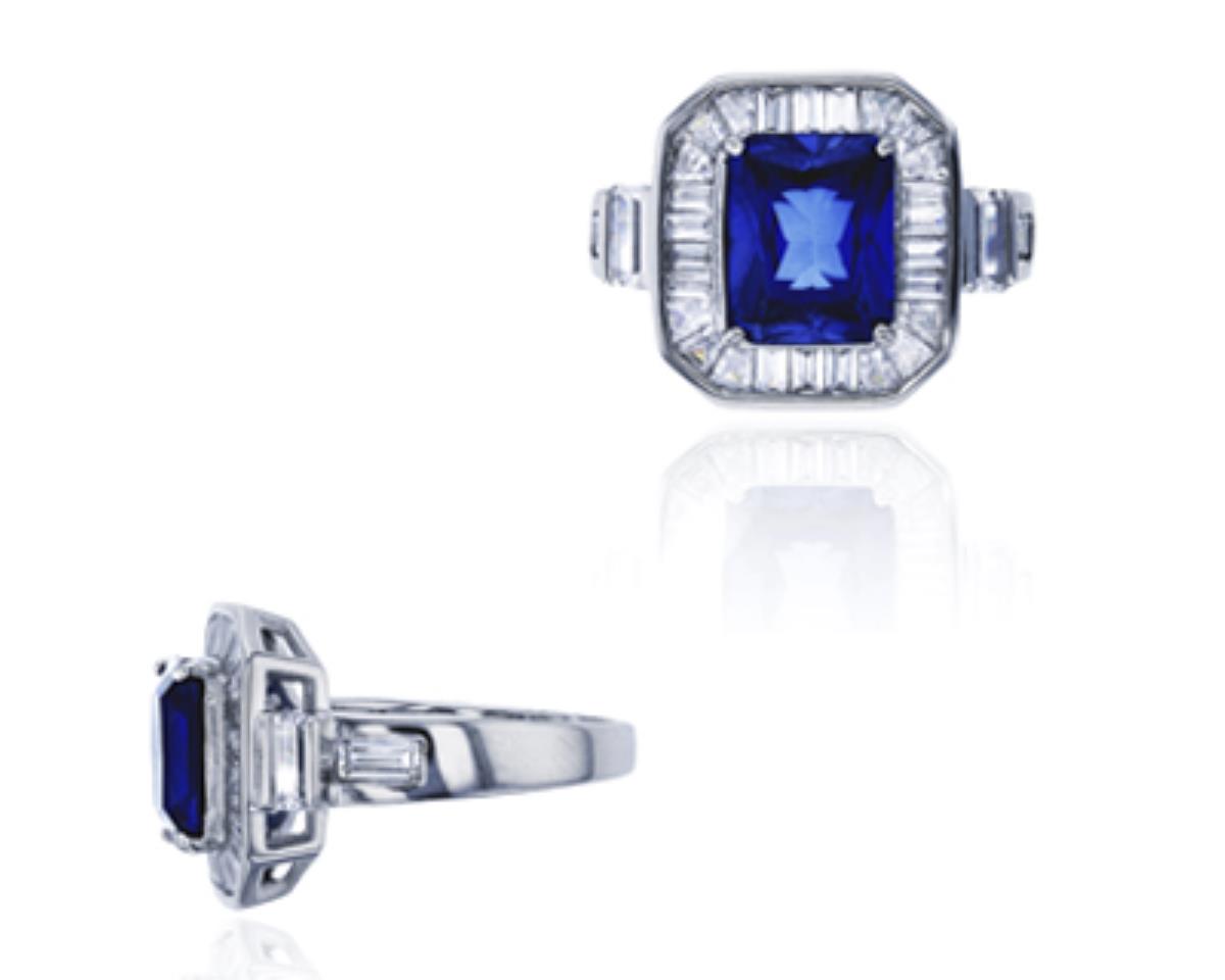 Sterling Silver Rhodium 8x10mm Blue Emerald Cut and Clear Baguette Cut Halo Eng Ring