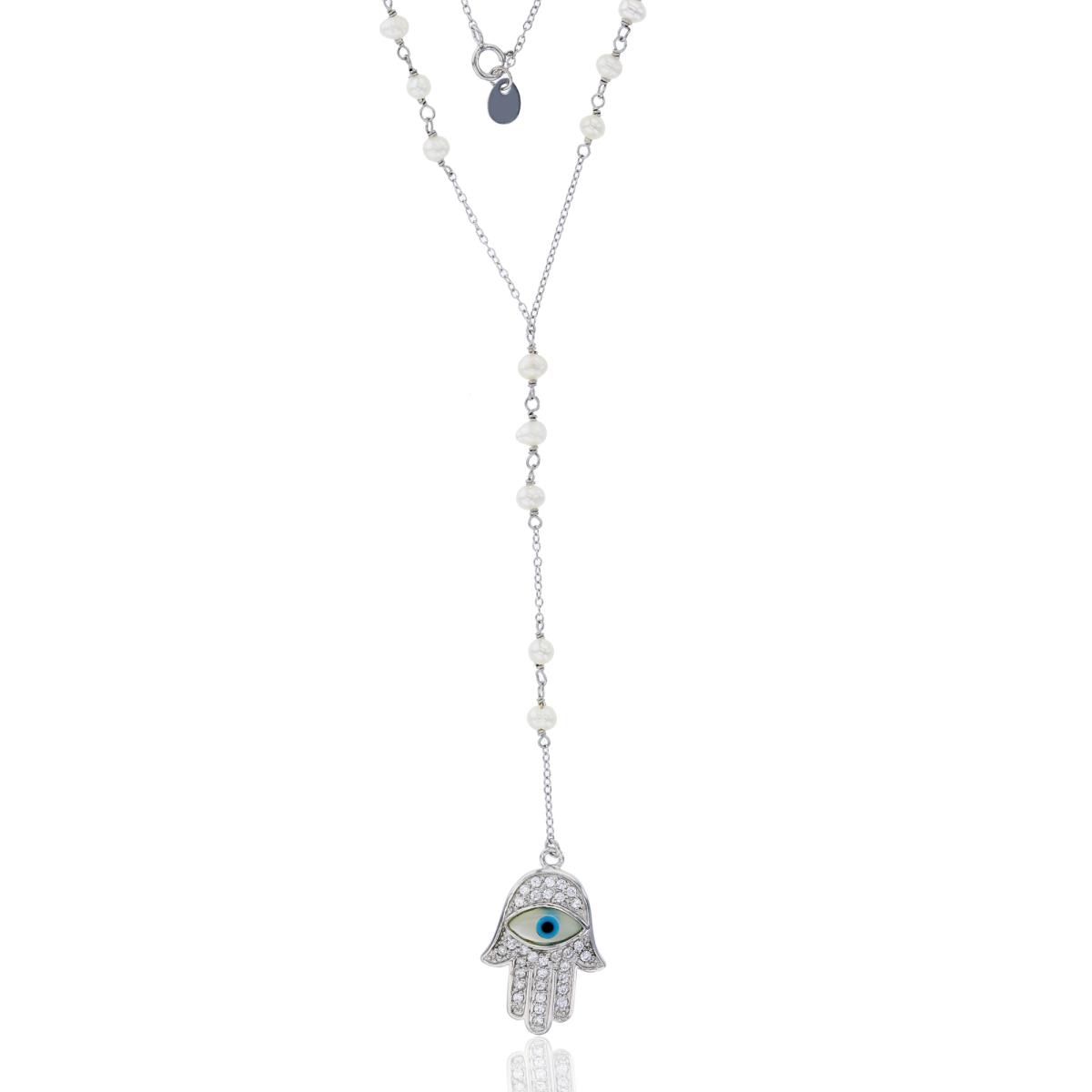 Sterling Silver Rhodium Freshwater Pearls & CZ PaveEvil Eye Hamsa 30" Necklace