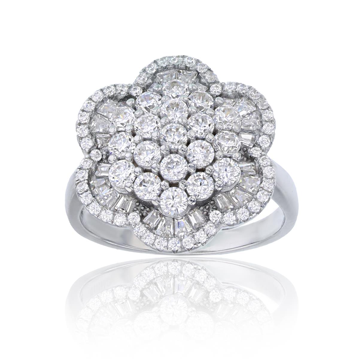 Sterling Silver Rhodium Micropave Multi Stone Flower Fashion Ring
