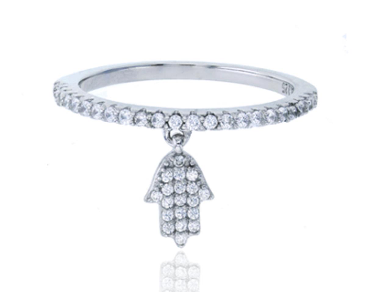 Sterling Silver Rhodium Micropave CZ Dangling Hamsa Fashion Ring