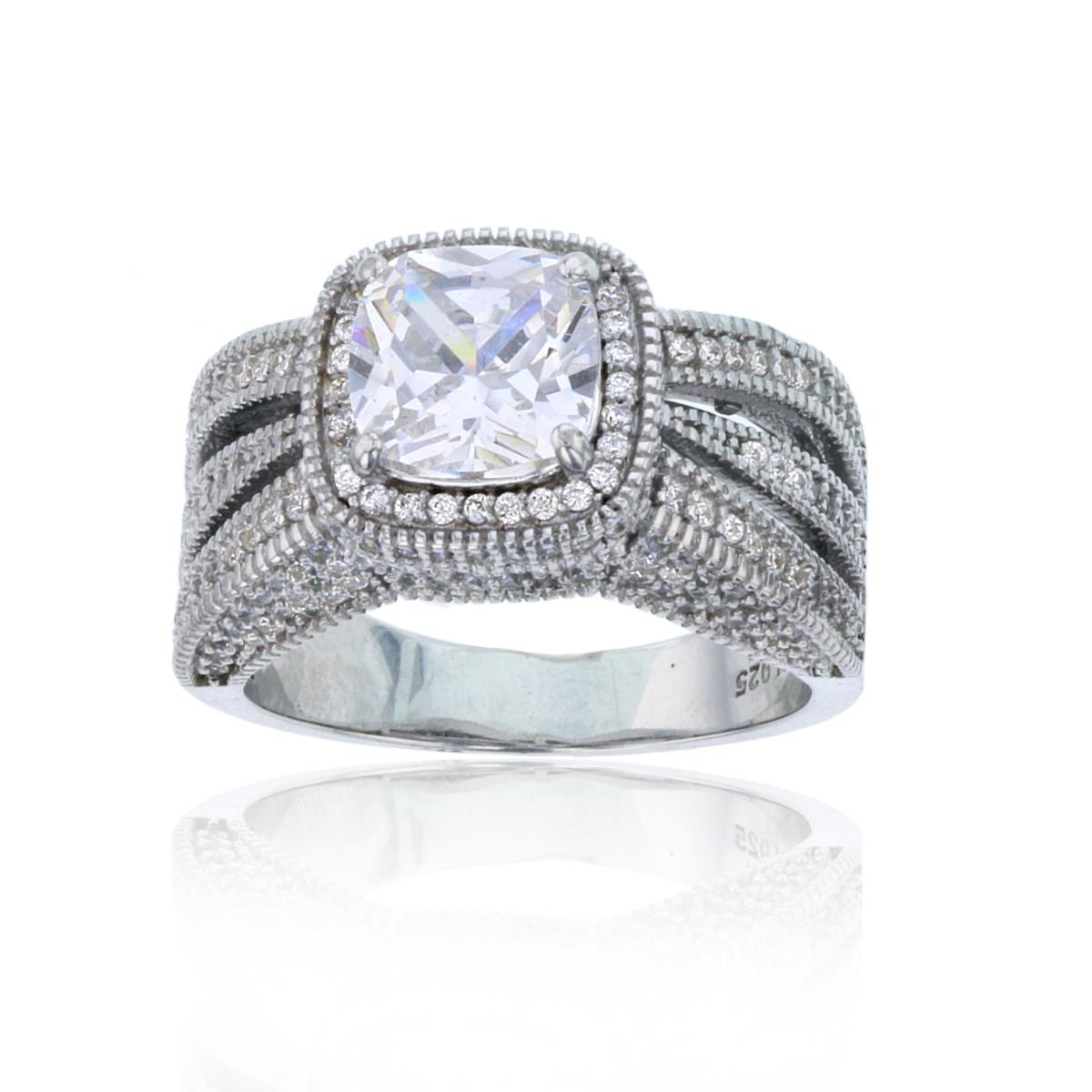 Sterling Silver Rhodium 11mm Micropave Cushion CZ Triple Row Engagement Ring