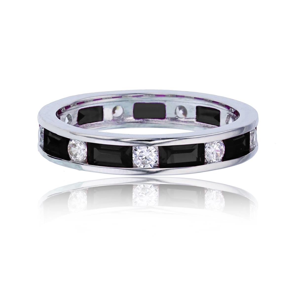 Sterling Silver Rhodium Channel Round & Black Baguette Eternity Ring