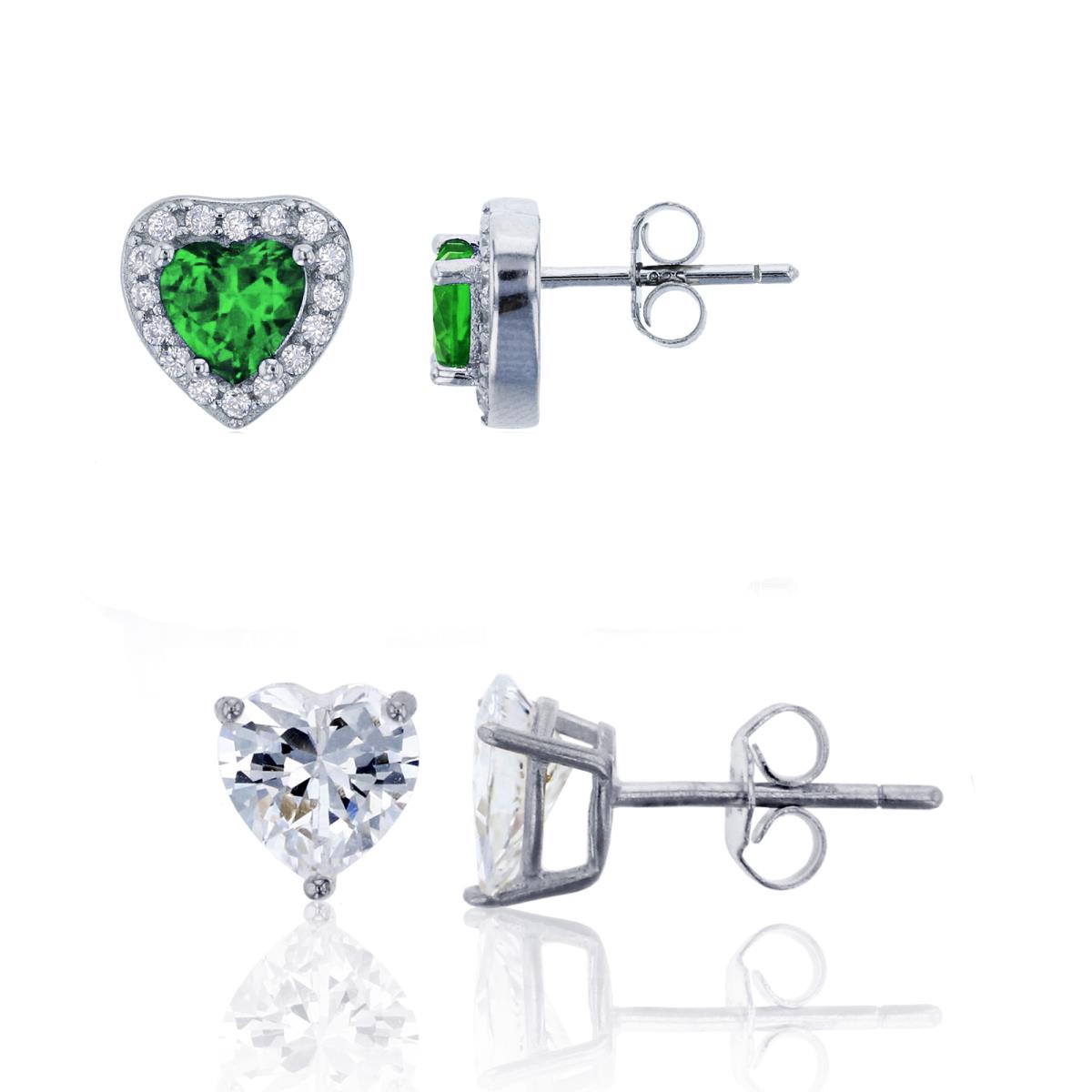 Sterling Silver Rhodium 6mm Emerald Heart Cut & AAA Heart Solitaire Stud Earrings Set