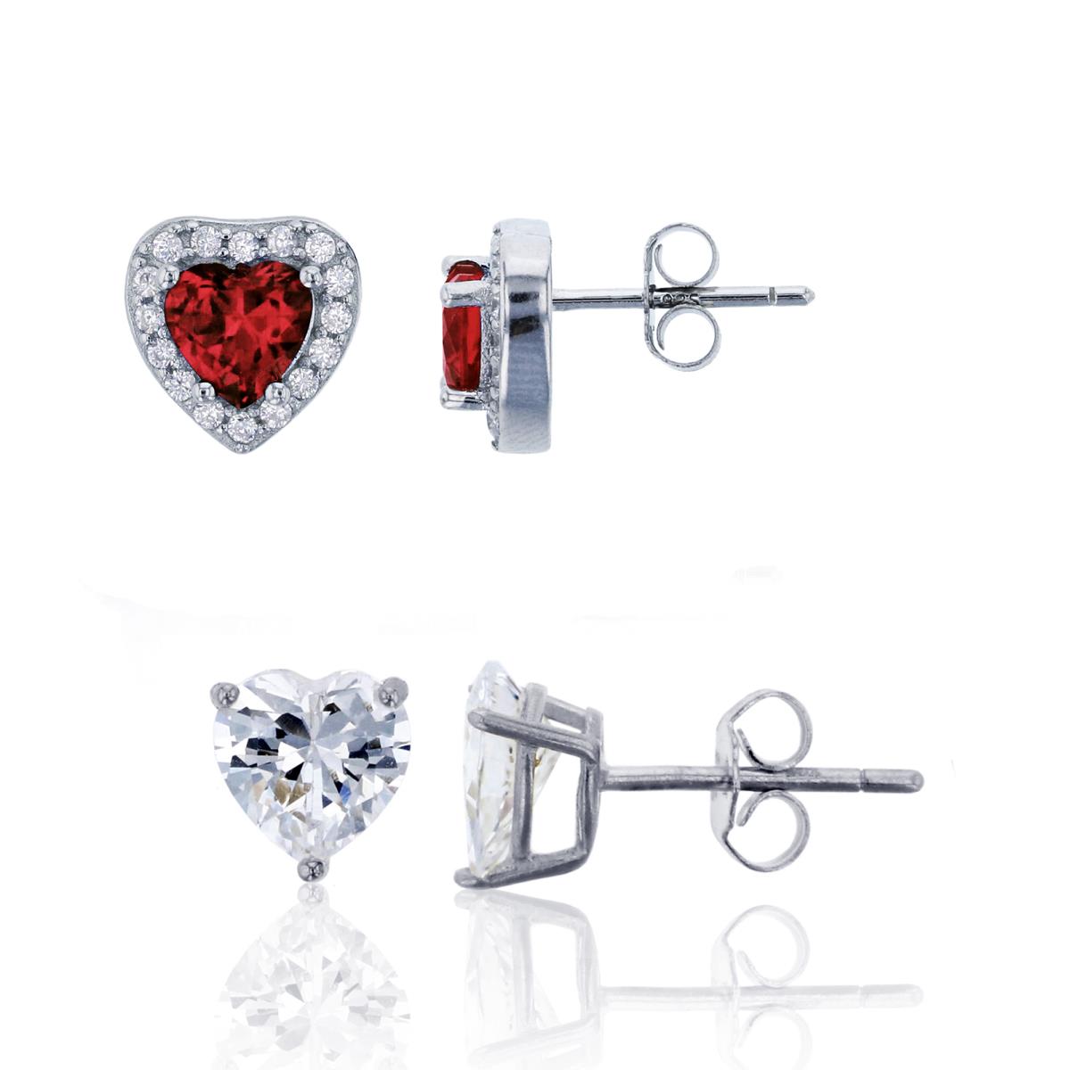 Sterling Silver Rhodium 6mm Ruby Red Heart Cut & AAA Heart Solitaire Stud Earrings Set