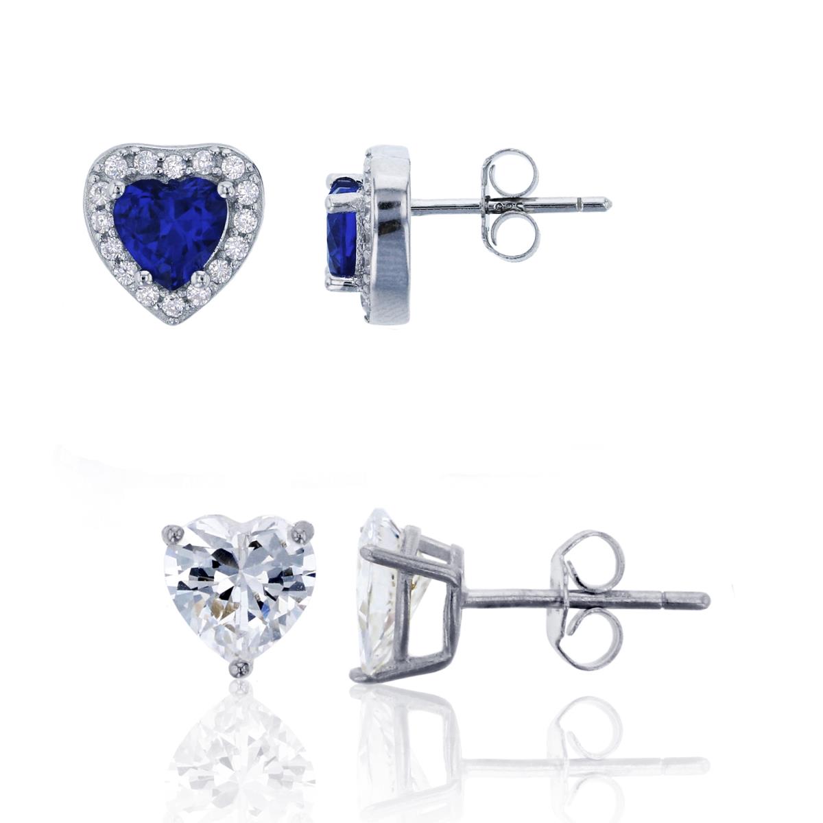 Sterling Silver Rhodium 6mm Sapphire Heart Cut & AAA Heart Solitaire Stud Earrings Set