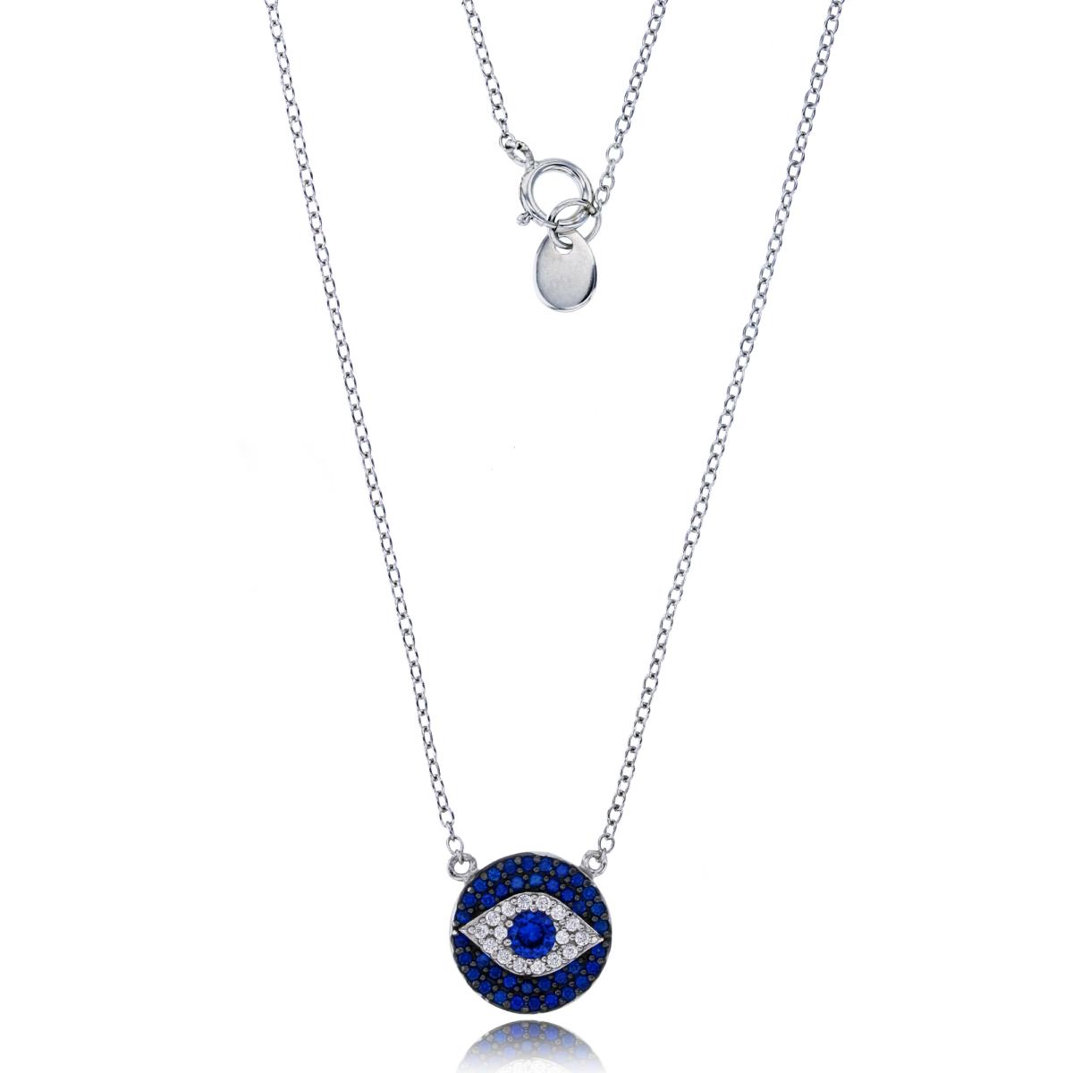 Sterling Silver Rhodium Micropave Sapphire Blue & White CZ Evil Eye 18" Necklace