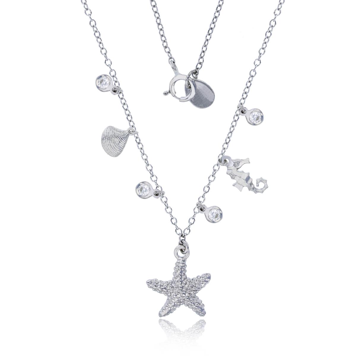 Sterling Silver Rhodium Polished & Textured Nautical Charms 18" Necklace