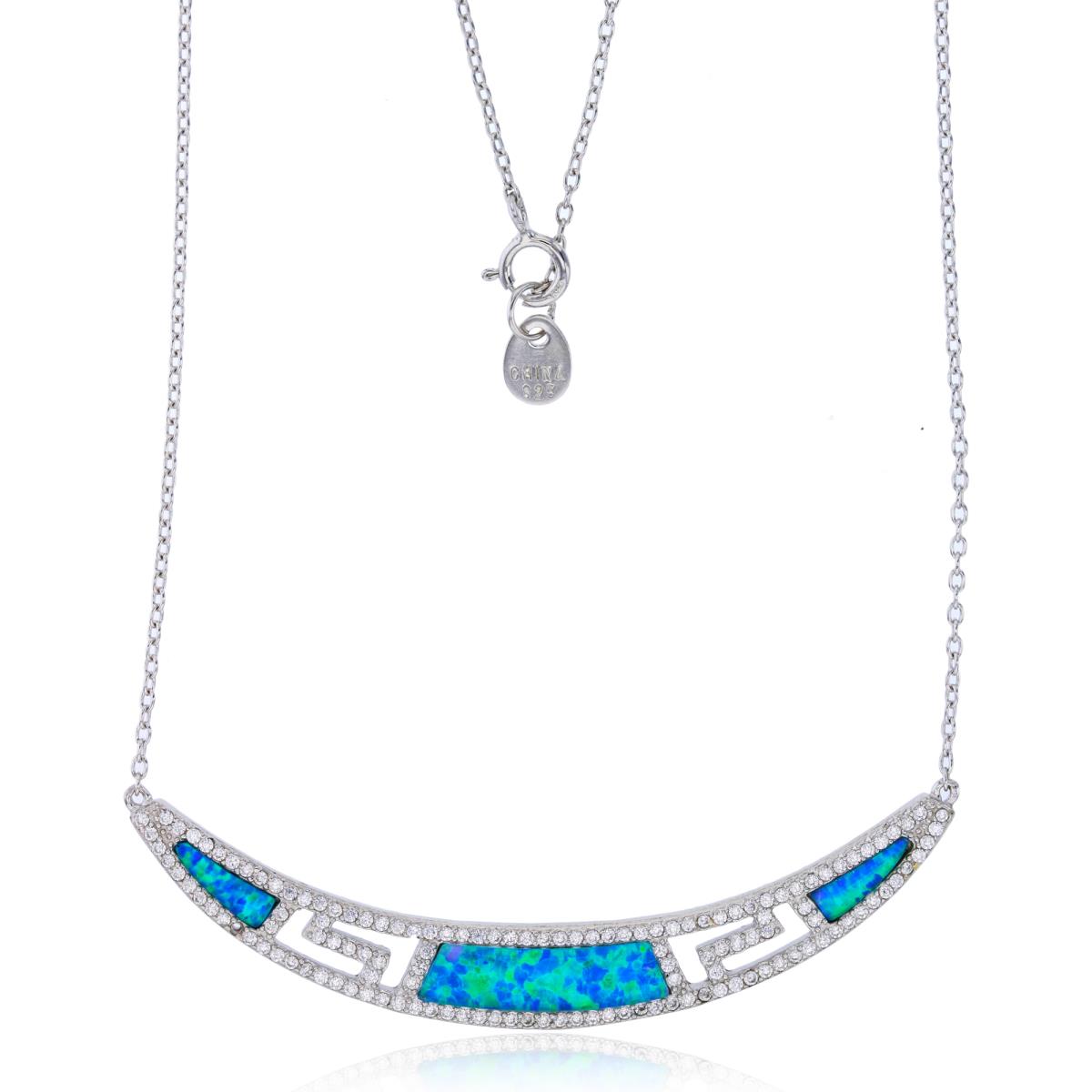 Sterling Silver Rhodium Created Opal & White CZ Greek Key Moon 18" Necklace