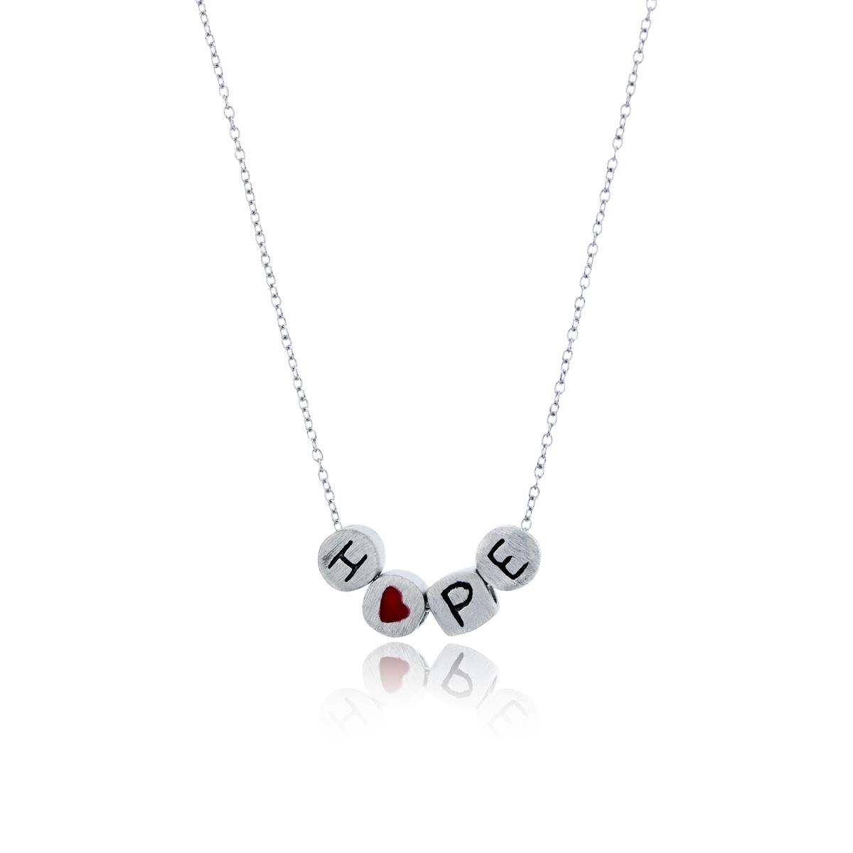 Sterling Silver Rhodium Enamel 4.5mm "Hope" Satin Finish Cubes 18" Necklace