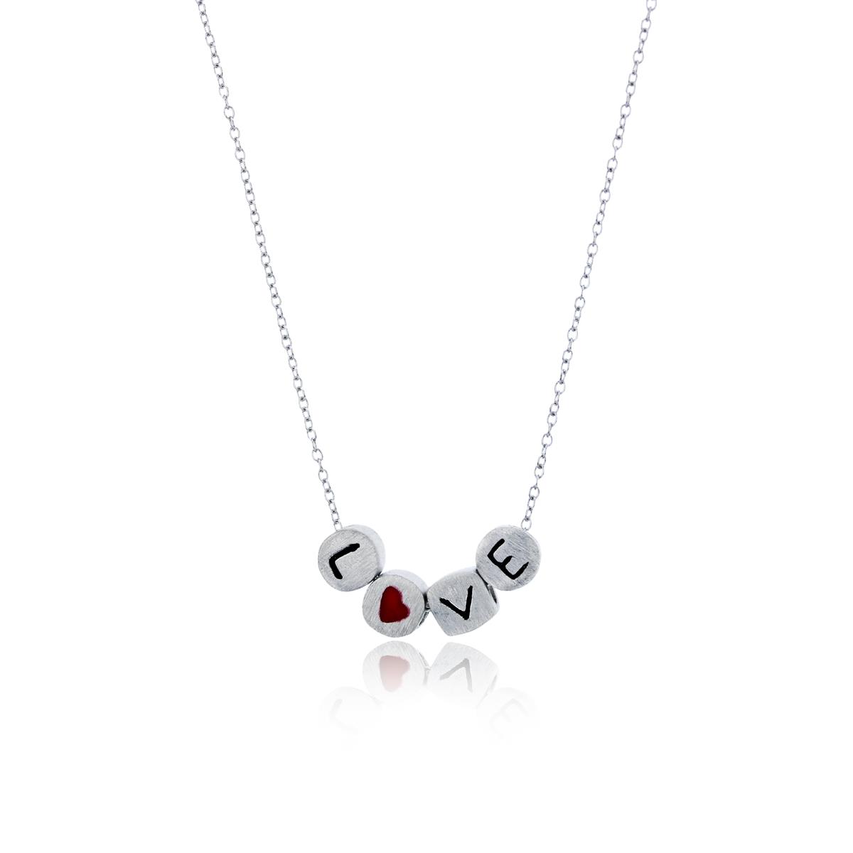 Sterling Silver Rhodium Enamel 4.5mm "Love" Satin Finish Cubes 18" Necklace