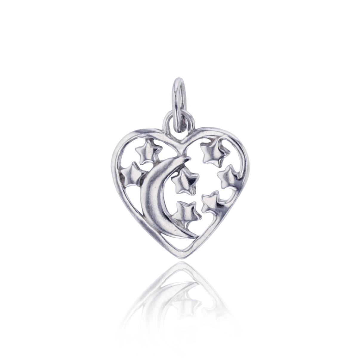 Sterling Silver Rhodium 17x13mm Polished Heart with Moon & Stars Pendant