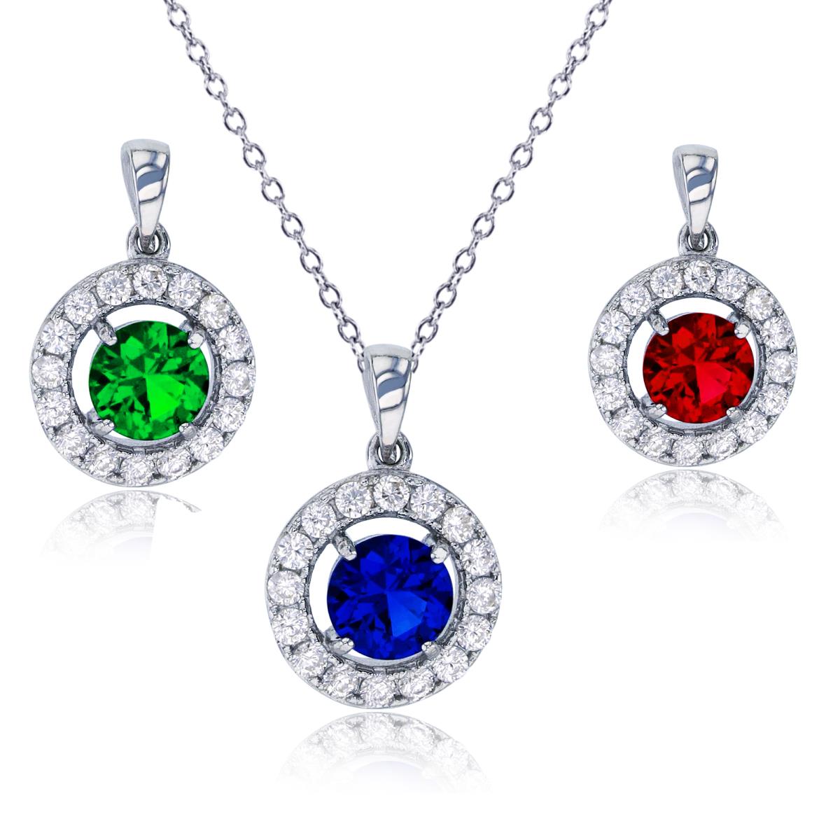 Sterling Silver Rhodium Pave 6mm Rd Green,Blue & Ruby CZ Halo Pendants Set with 18" Rollo Chain