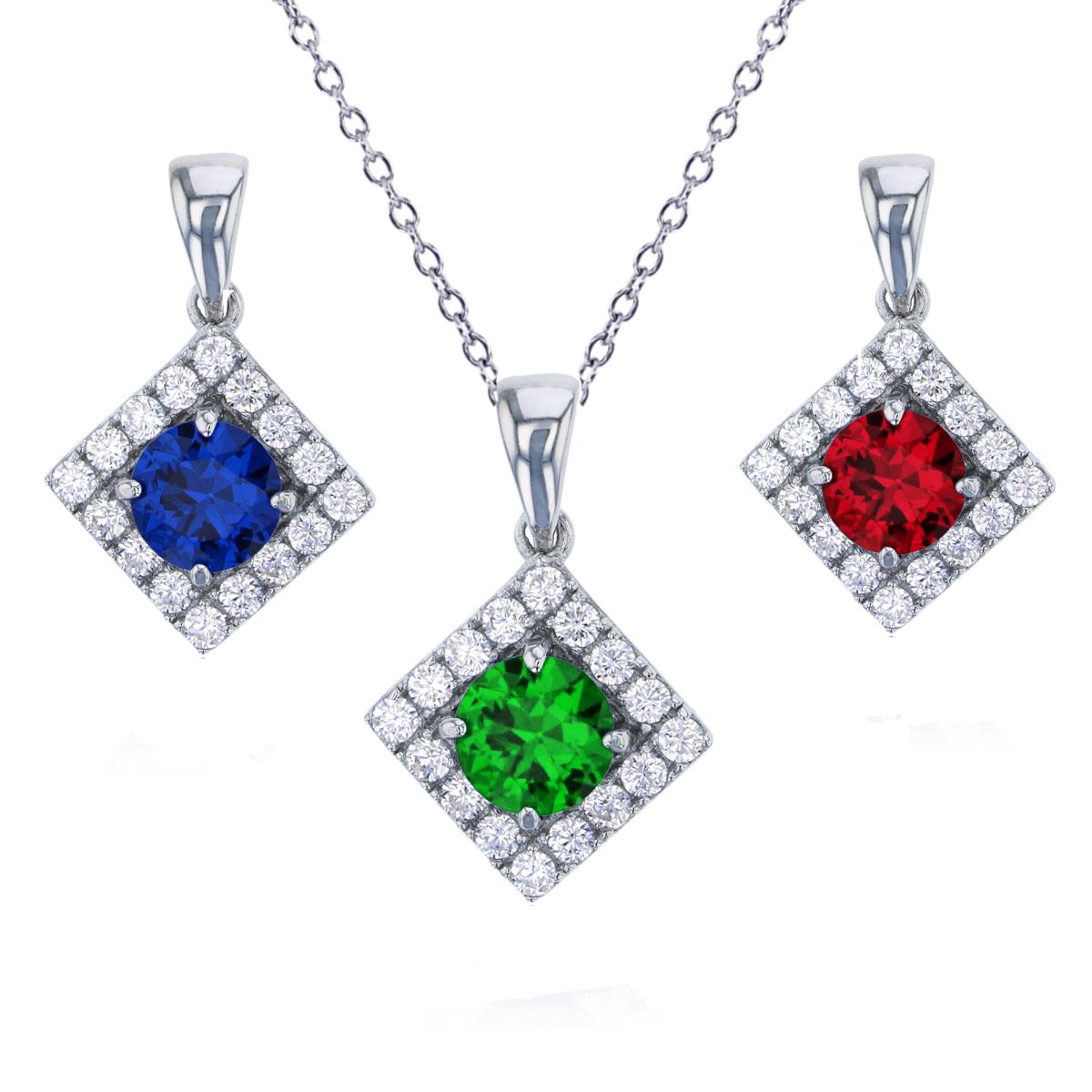 Sterling Silver Rhodium Pave 6mm Rd Green, Sapphire & Ruby CZ Square Pendant Set with 18" Rollo Chain