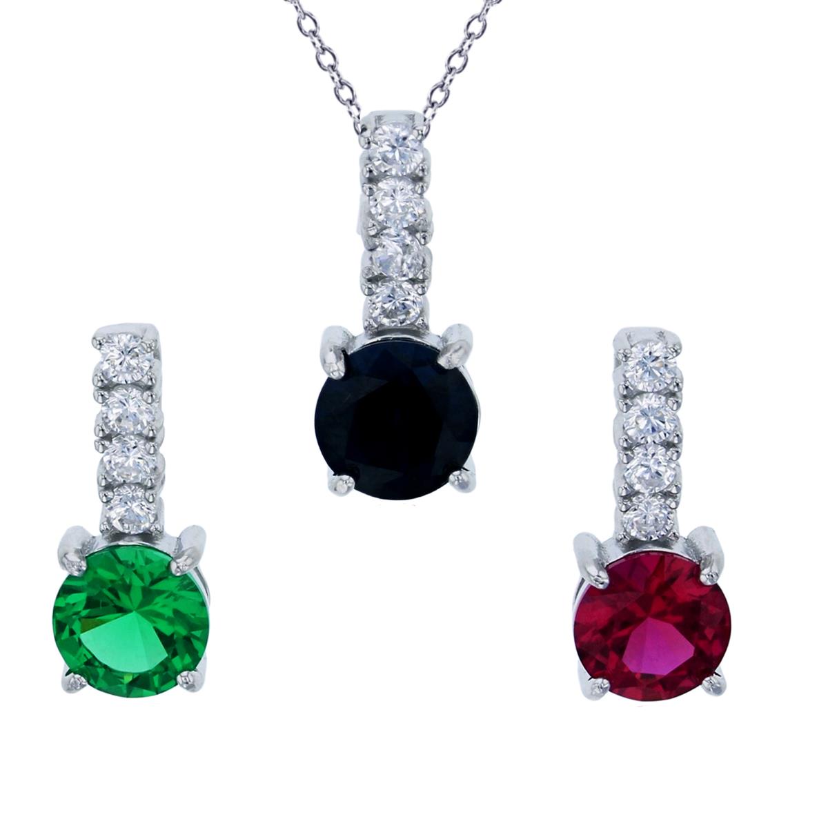 Sterling Silver Rhodium 6mm Blue, Green & Ruby Round Drop Pendants Set with 18" Rollo Chain