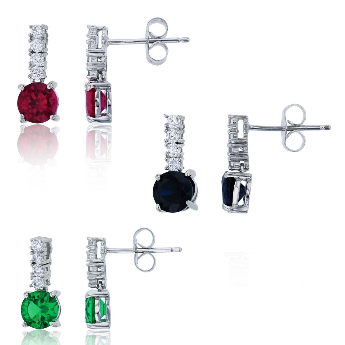 Sterling Silver Rhodium 6mm Red Ruby,Sapphire & Emerald Round Cut Drop Earrings Set