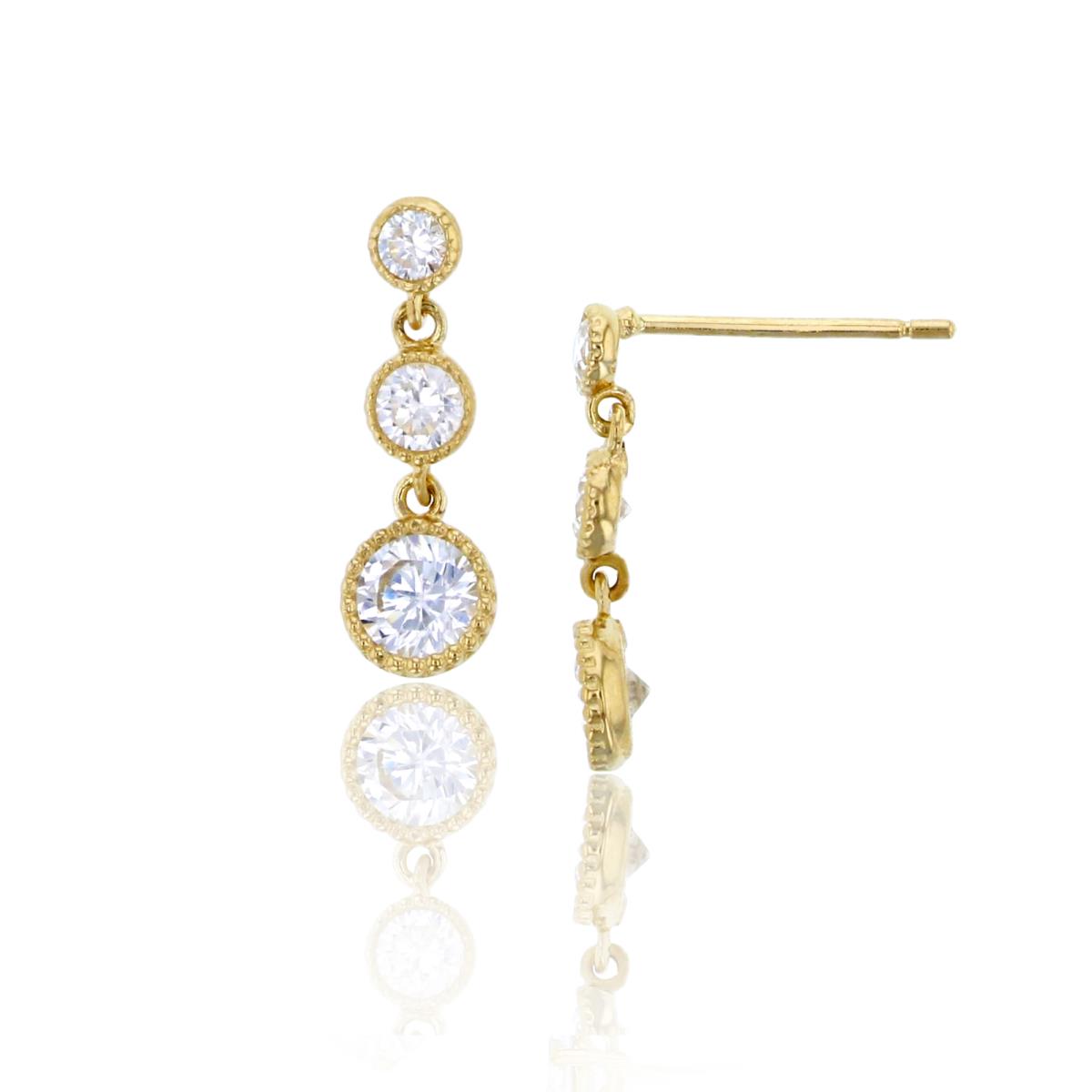 14K Yellow Gold Graduated Triple Rd White Swarovski Zirconia Milgrain Drop Earring