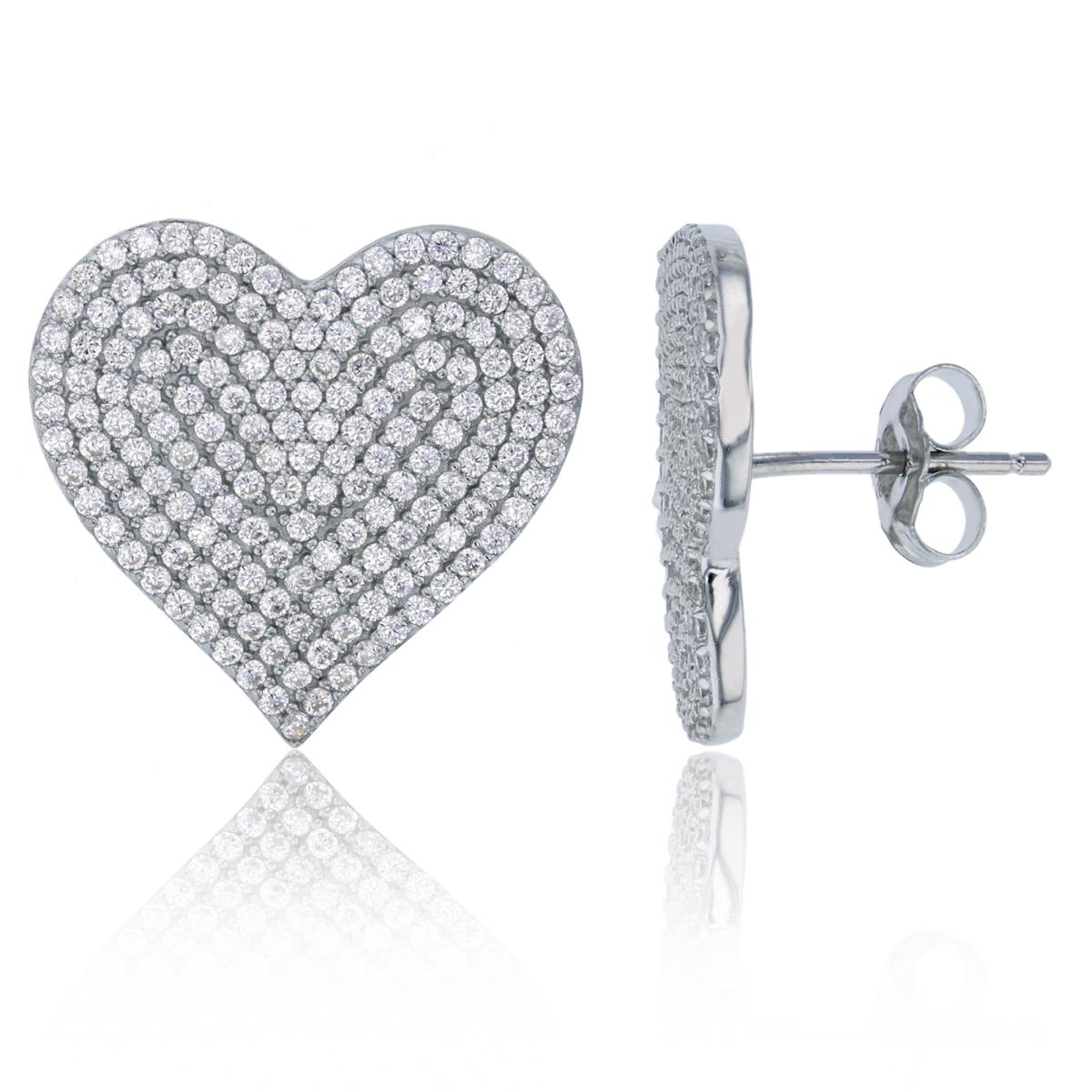 Sterling Silver Rhodium 18.5x19.5mm Micropave Heart Stud Earring