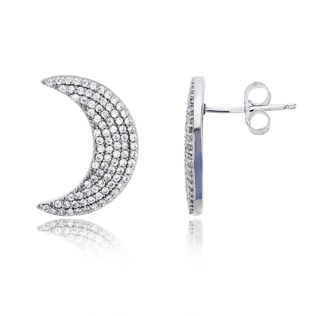 Sterling Silver Rhodium 19x13mm Micropave Crescent Moon Stud Earring