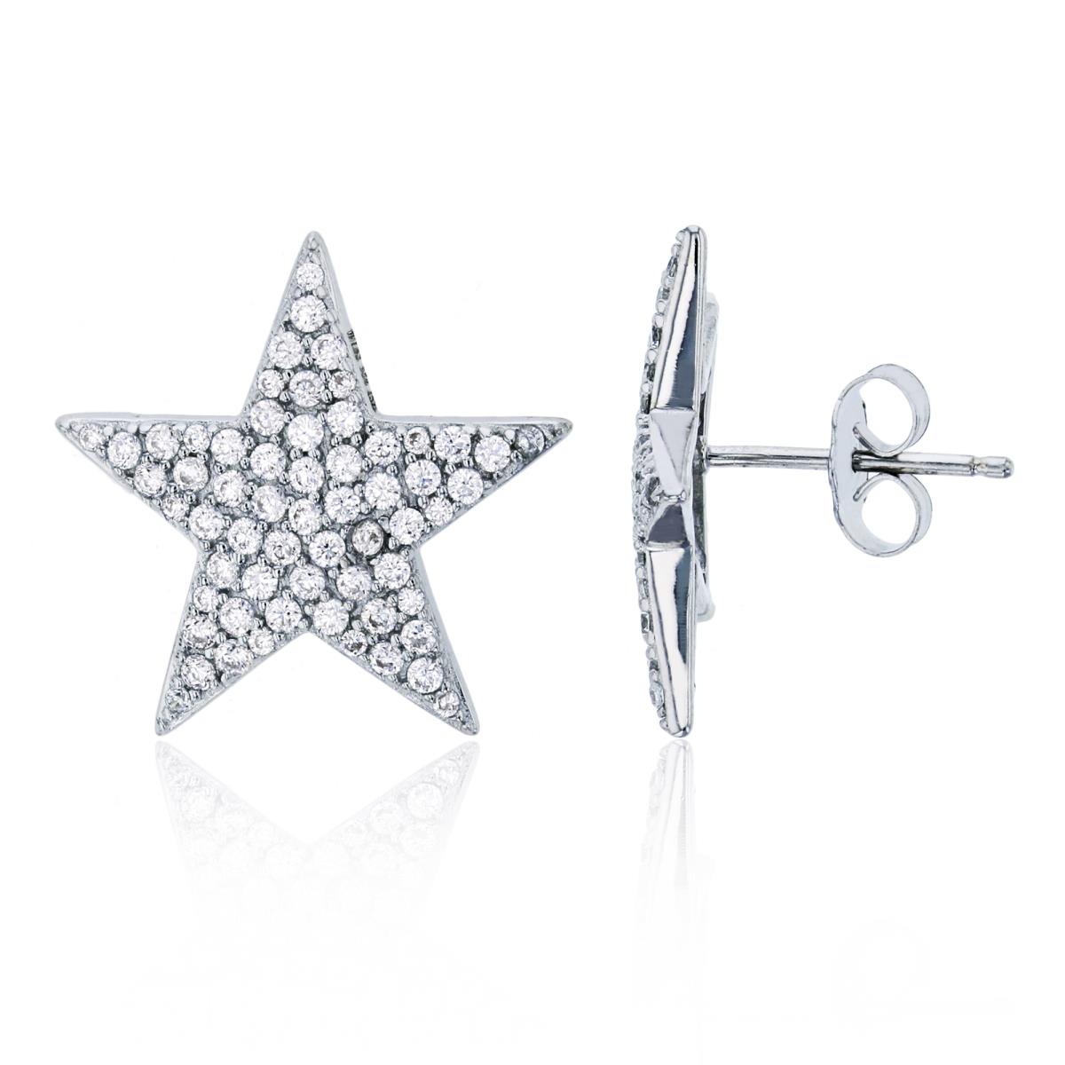 Sterling Silver Rhodium 18x19mm Pave Star Stud Earring