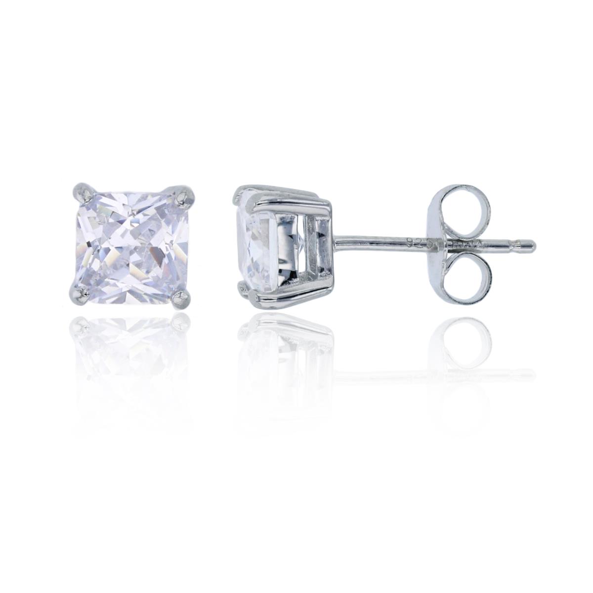 Sterling Silver Rhodium 6x6mm Princess Cut Solitaire Stud Earring
