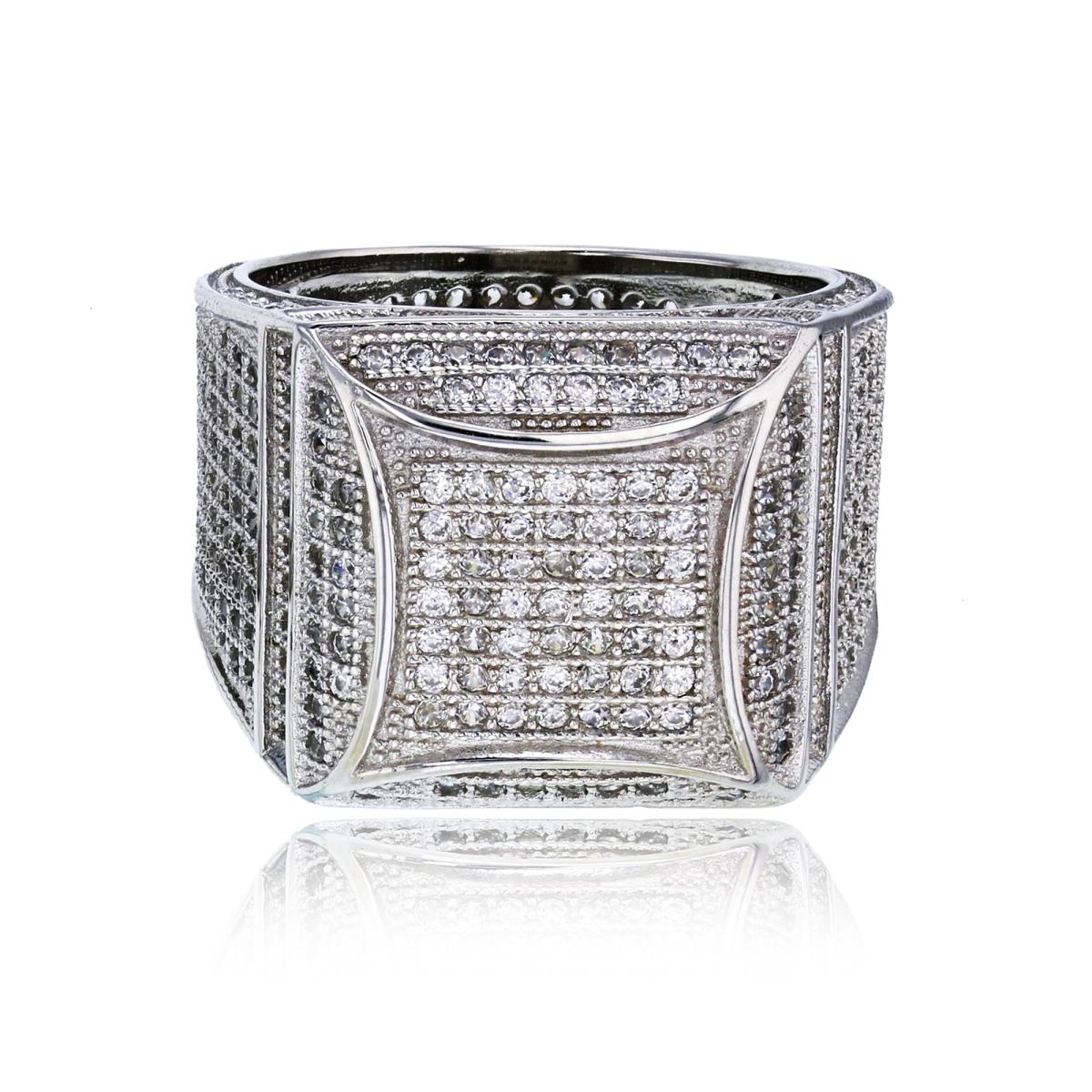 Sterling Silver Rhodium Micropave Square Domed Men's Ring