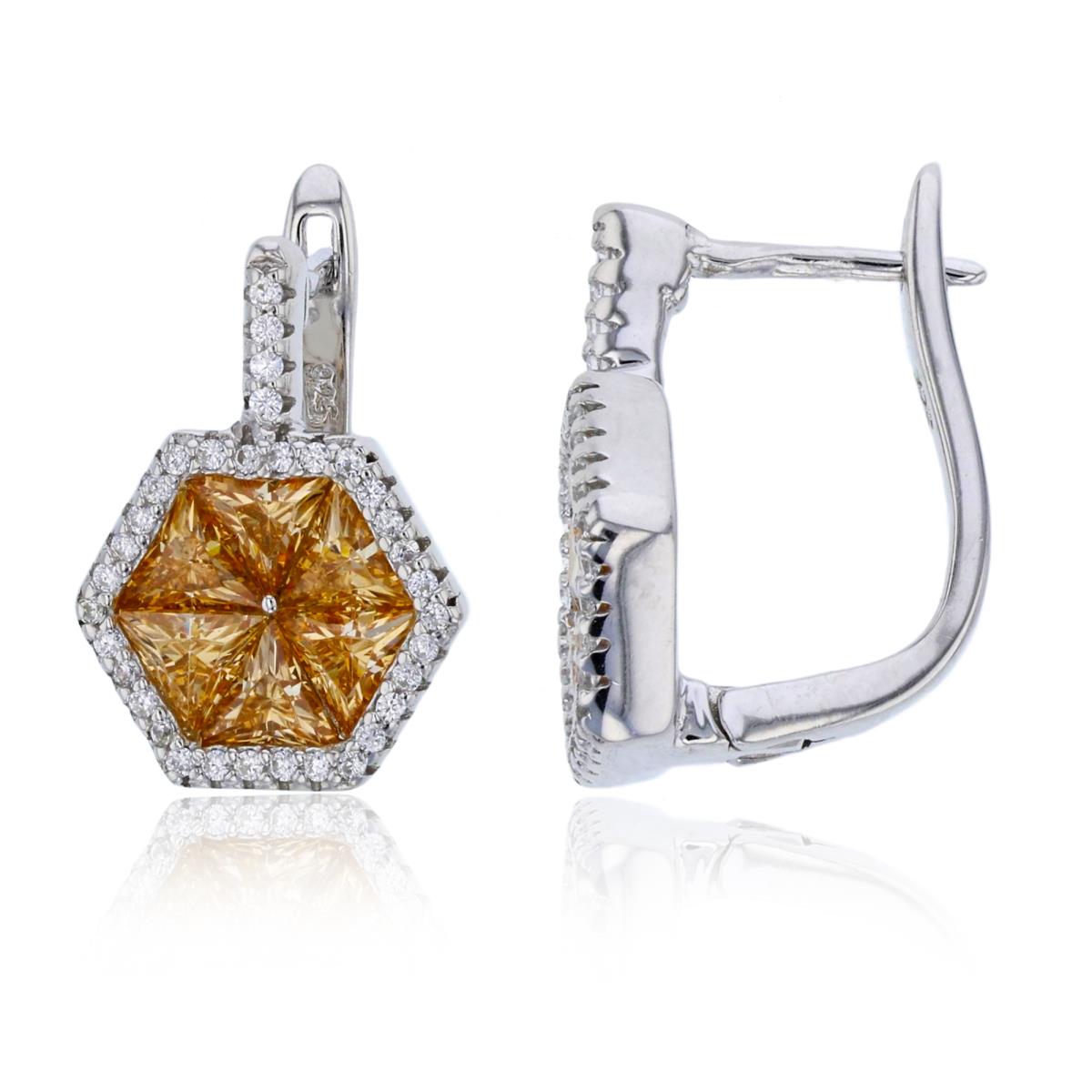 Sterling Silver Rhodium Champagne Trillion & White Rd Cut Hexagon Latchback Dangling Earring