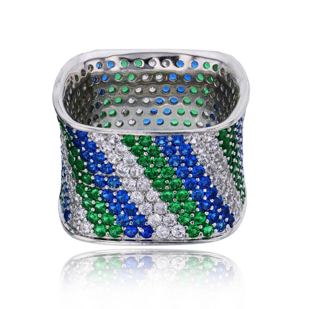 Sterling Silver Rhodium Micropave Sapphire, Emerald & White CZ Squared Eternity Ring