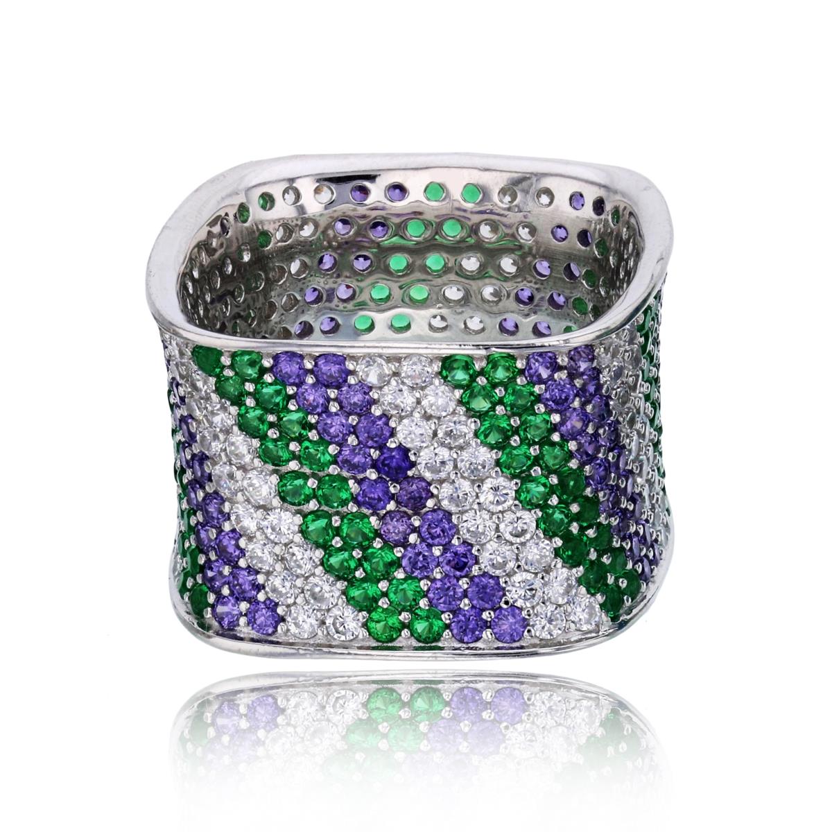 Sterling Silver Rhodium Micropave Amethyst, Emerald & White CZ Squared Eternity Ring
