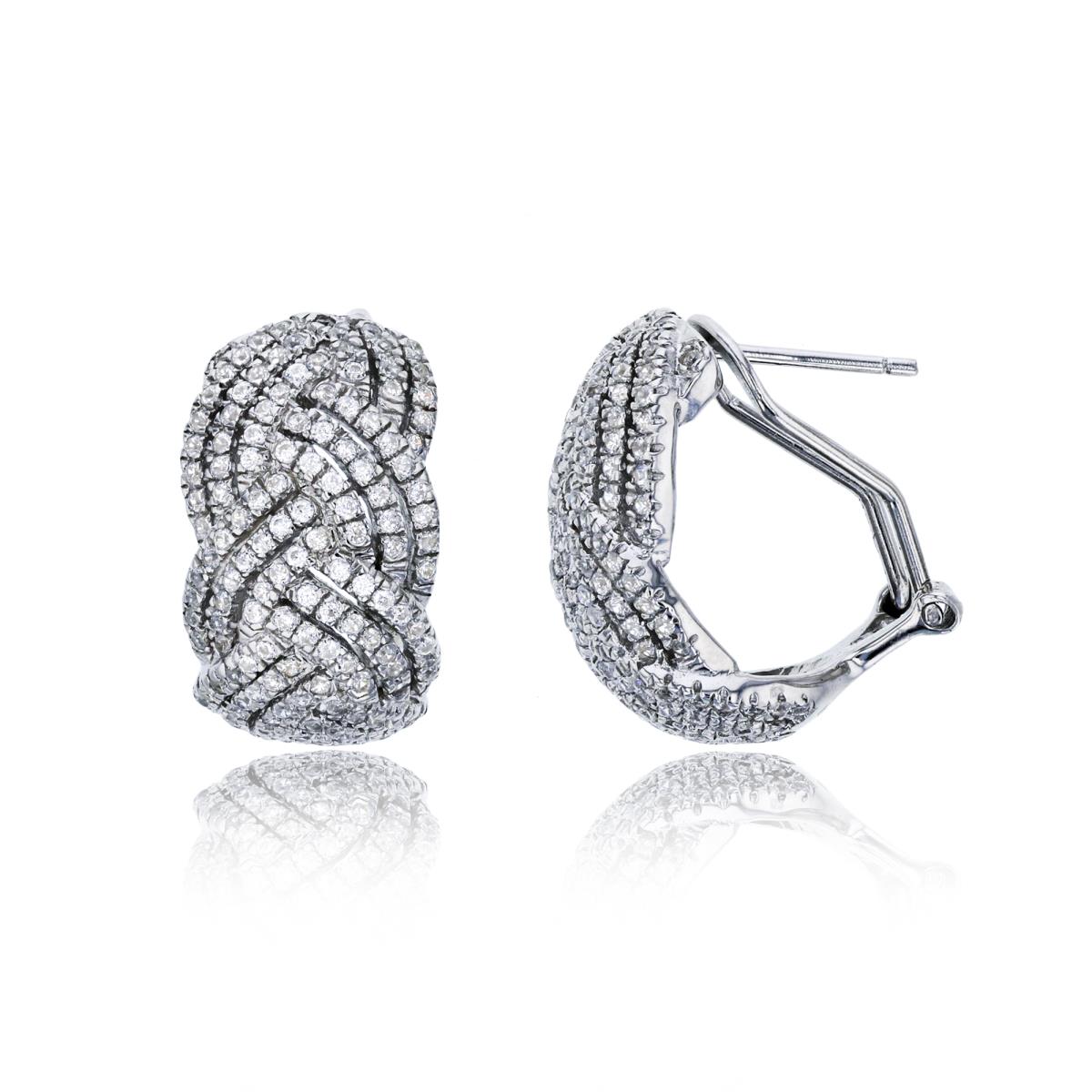 Sterling Silver Rhodium Micropave Weave Omega-Back Hoop Earring