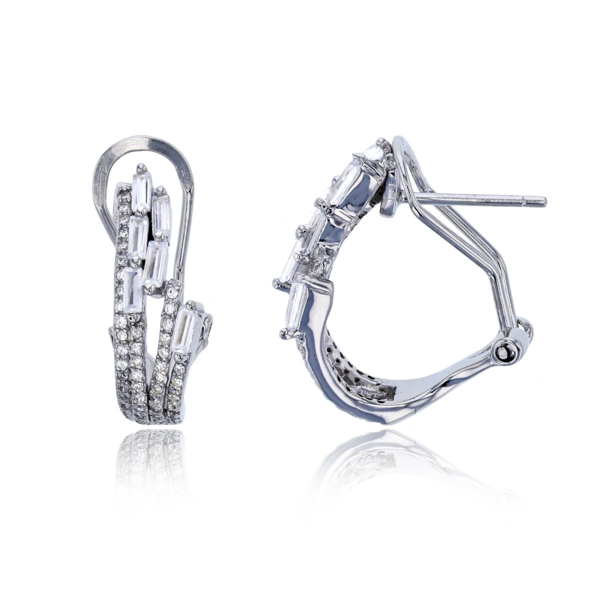 Sterling Silver Rhodium 4-Row Rd & Baguette CZ Omega-Back Hoop Earring