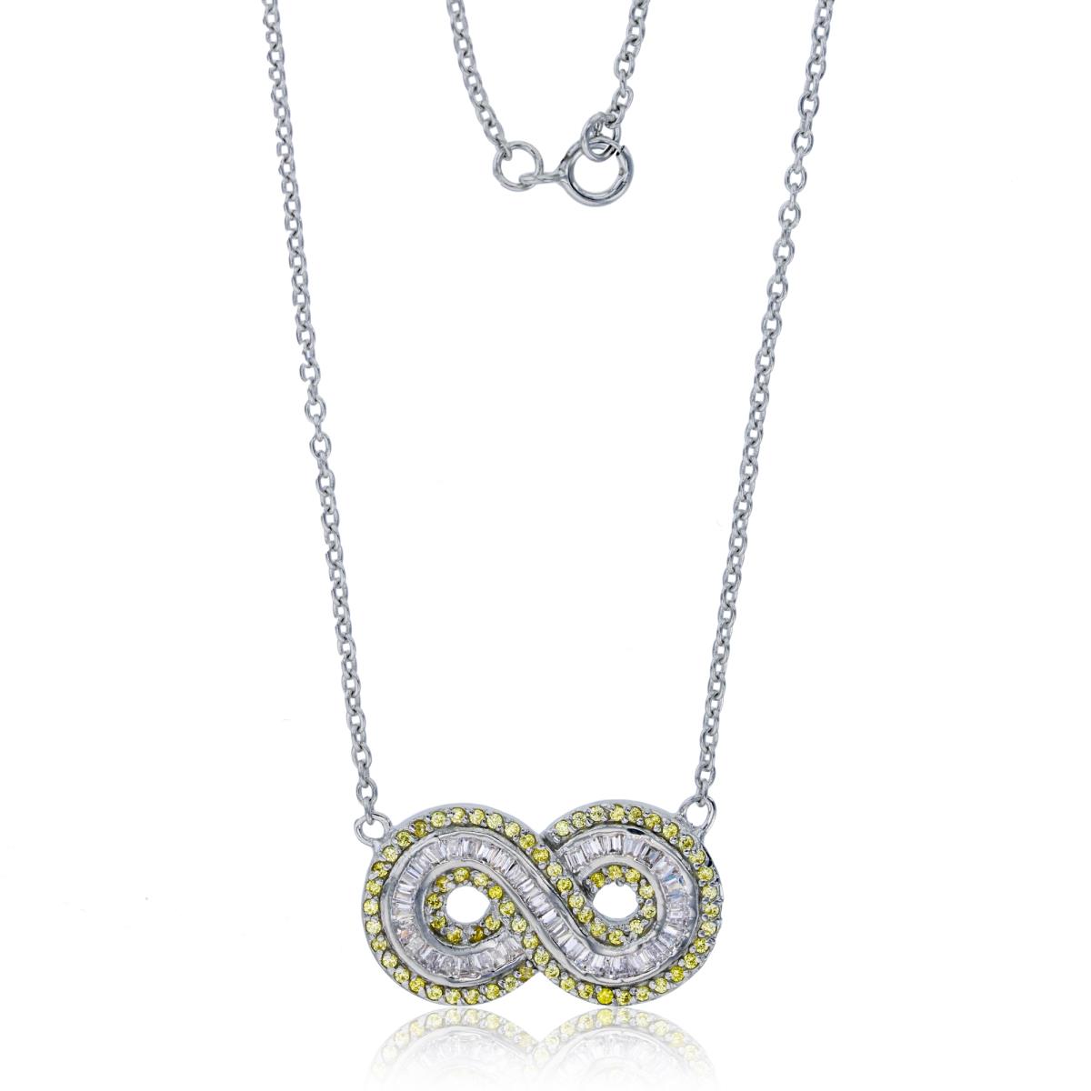 Sterling Silver Rhodium Light Yellow Round & White Baguette CZ Infinity 17" Necklace