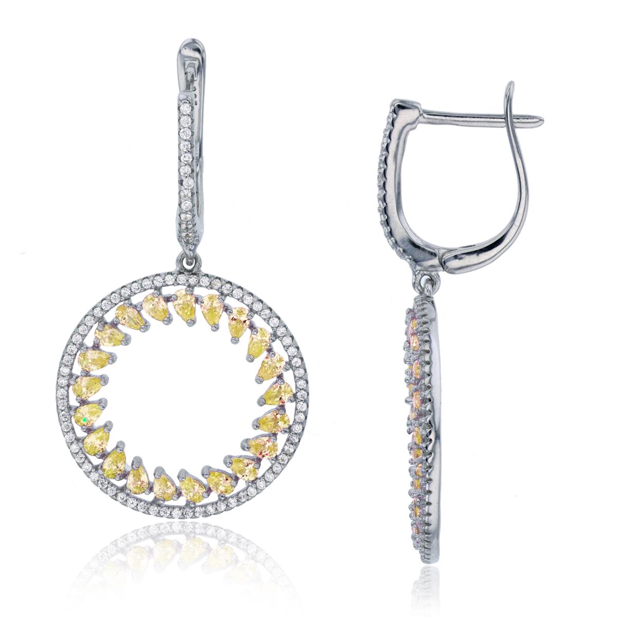 Sterling Silver Rhodium Pave Rd & Yellow Pear Cut CZ Open Circle Dangling Earring