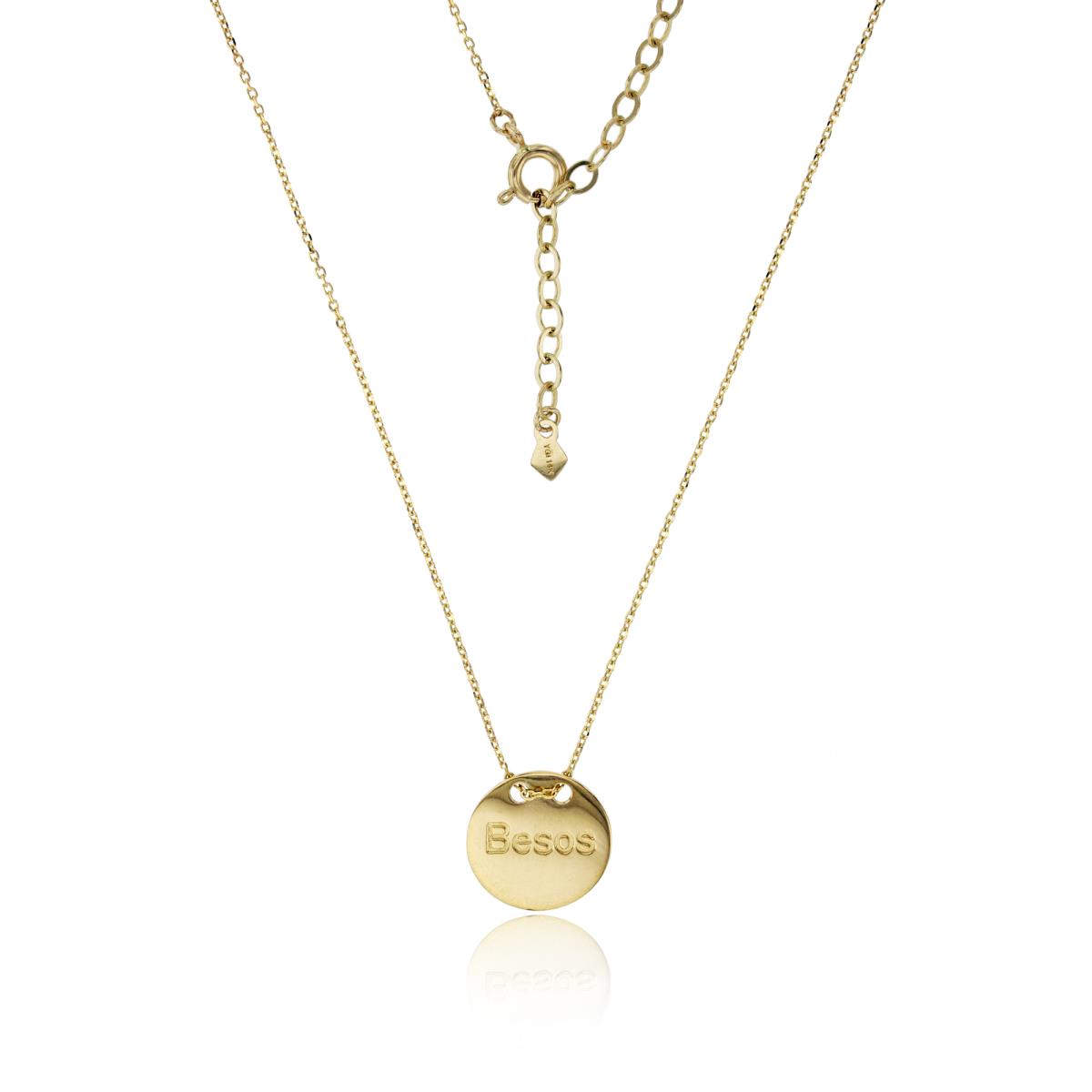 14K Yellow Gold Polished "Besos/Kisses" Engraved Circle Plate 16"+2" Necklace